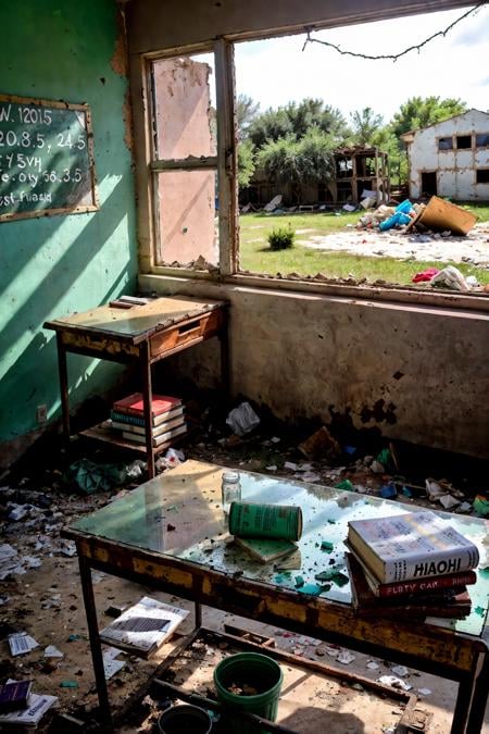 RAW photo,subject,8k uhd,dslr,soft lighting,high quality,film grain,Fujifilm XT3,,,ruanyi0056,book,book stack,bottle,box,broken,broken glass,broken window,bucket,cardboard box,chair,chalkboard,classroom,curtains,debris,desk,glass,grass,indoors,messy room,ruins,school,school desk,shelf,table,trash can,wall,water,dirty,reflection,dirt,dust,no humans,<lora:detail_slider_v4:1>,<lora:0056 abandoned school_v2:1>