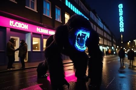 Neon noir several black gorilla monsters, glowing teeth, dark picture, night, london  <lora:AttackAlien1024-000560:0.6> . 35mm photograph, film, bokeh, professional, 4k, highly detailed . Cyberpunk, dark, rainy streets, neon signs, high contrast, low light, vibrant, highly detailed