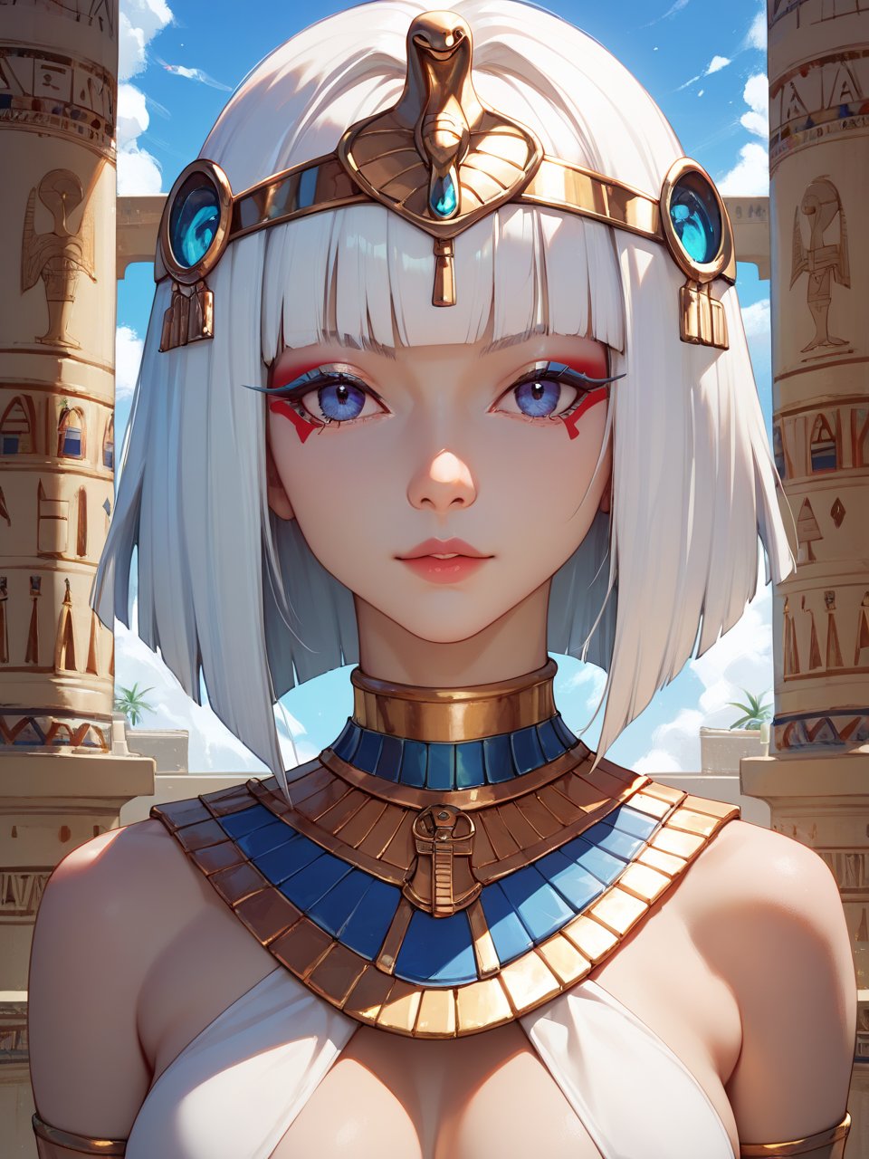 score_9,score_8_up,score_7_up,1girl,solo,white hair,short hair,hime cut,Egyptian character,