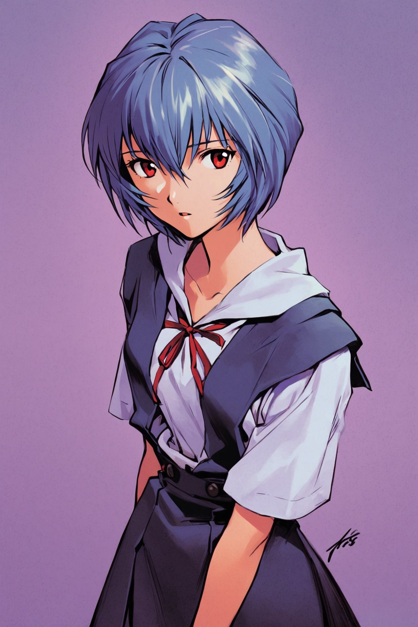 1girl,ayanami rei,solo,red eyes,short hair,school uniform,blue hair,tokyo-3 middle school uniform,signature,short sleeves,hair between eyes,suspender skirt,purple background,bangs,purple theme,shirt,cowboy shot,looking to the side,skirt,white shirt,looking at viewer,parted lips,suspenders,<lora:Sadamoto Yoshiyuki_XL_V3:0.8>,