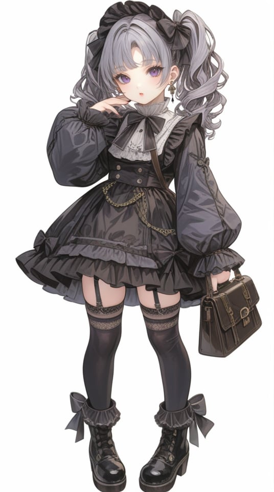 (best quality), ((masterpiece)), (highres), illustration, original, extremely detailed,  <lora:幻想华服萝莉:0.6>1girl, solo, thighhighs, white background, bag, black bow, twintails, simple background, black footwear, dress, full body, bow, long sleeves, jewelry, hair bow, earrings, holding, boots, looking at viewer, puffy long sleeves, standing, garter straps, black dress, puffy sleeves, lolita fashion, black thighhighs, gothic lolita, hand up, parted lips, bangs, frills, long hair, grey hair