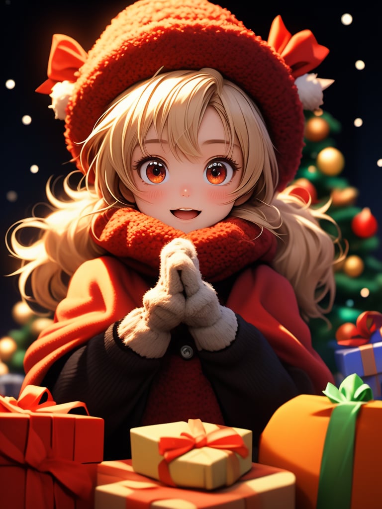 ltra-detailed,(best quality),((masterpiece)),(highres),original,extremely detailed 8K wallpaper,(an extremely delicate and beautiful),anime,\\,BREAK1girl, snowman, gift, christmas, solo, looking at viewer, hat, open mouth, smile, ahoge, mittens, gloves, food, twintails, scarf, blonde hair, candy, dress, red eyes, bow, christmas tree, ribbon, orange eyes, fur trim, :d, box, bell, red headwear, coat, long sleeves