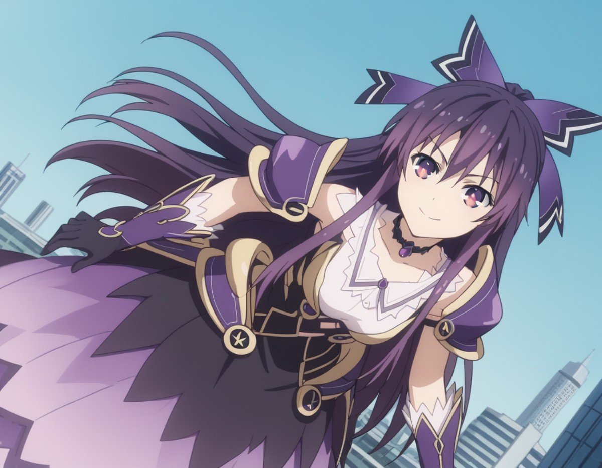 score_9, score_8_up, score_7_up, source_anime,tookayatogami, <lora:tooka-yatogami-s4s5-ponyxl-lora-nochekaiser:1>,tooka yatogami, hair ribbon, purple eyes, purple hair, long hair, ribbon,armor, armored dress, choker, dress, gloves, pauldrons, shoulder armor,outdoors, cityscape, bent over, smile,looking at viewer, solo, cowboy shot, dutch angle,