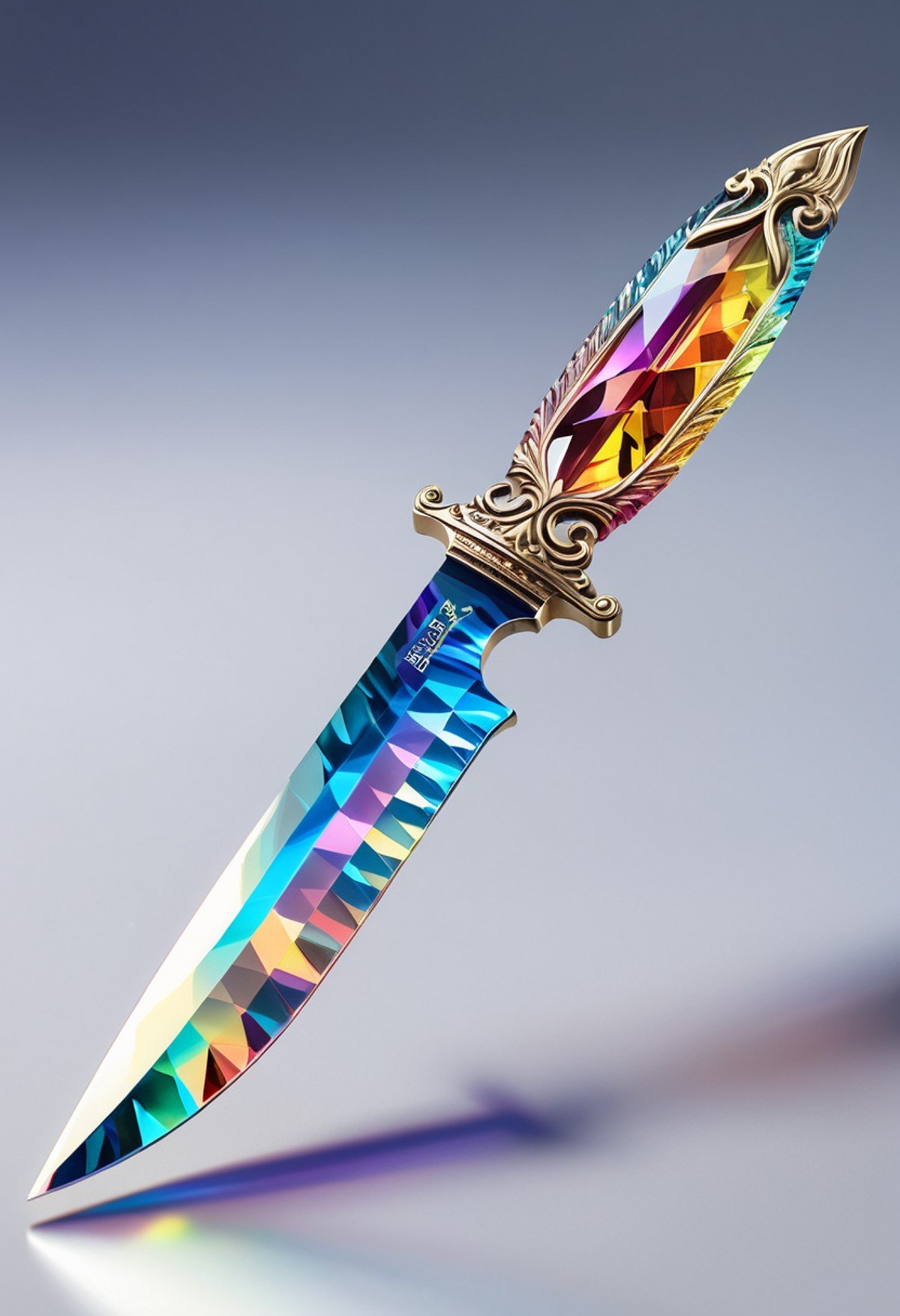 A transparent knife made out of crystal,ultra detailed,enhanced,prismatic colors,