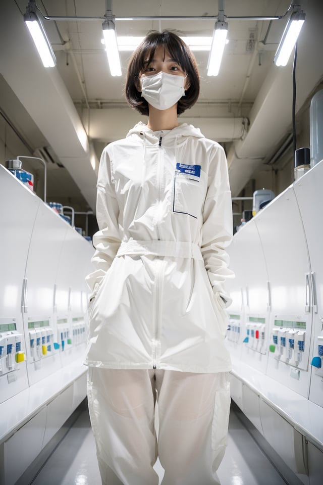 ((Upper body:1.5)) A girl stands in the center with short hair. She is located in a bright and pure white future laboratory tunnel with smooth white walls. Her clothes are cool,casual and British-(with white protective clothing) Chemical suits,chemical protective masks). With her hair partially falling around her face,her pose exudes a sense of freedom and joy,set against the bright white laboratory.,