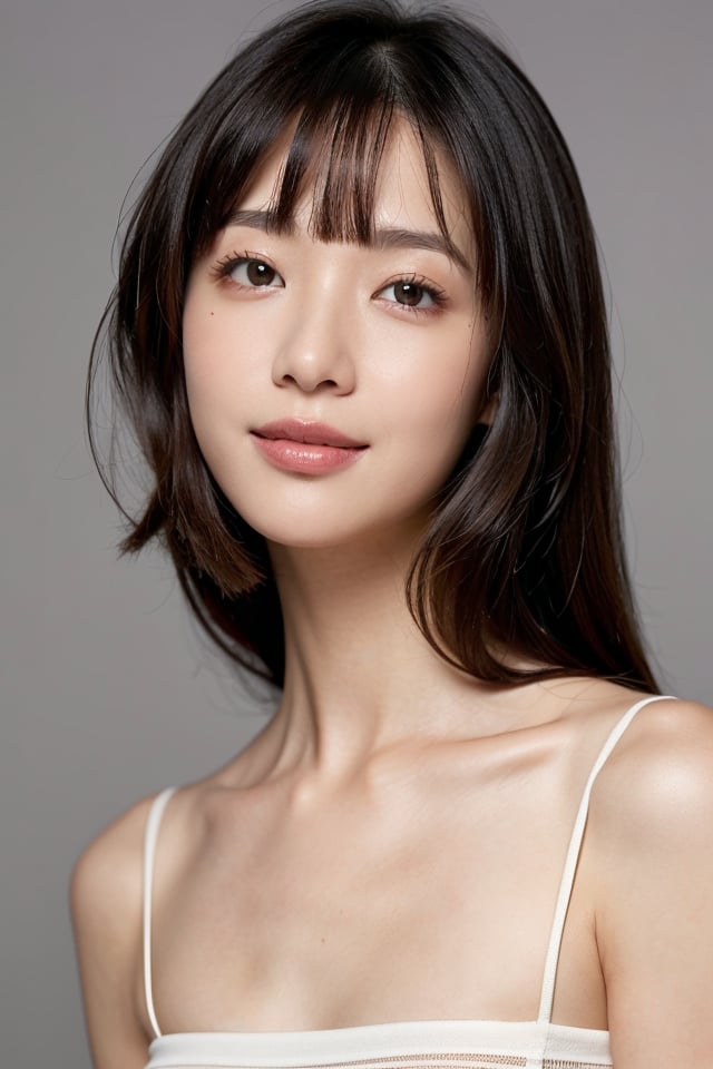 1girl,solo,smile,happy:1,long straight hair,straight bangs,look at viewers,brown eyes,looking at viewer,in studio,pure grey background,detailed skin,detailed face,studio light,parted lips,lips,bare shoulders,(black hair),(close up),messy hair,