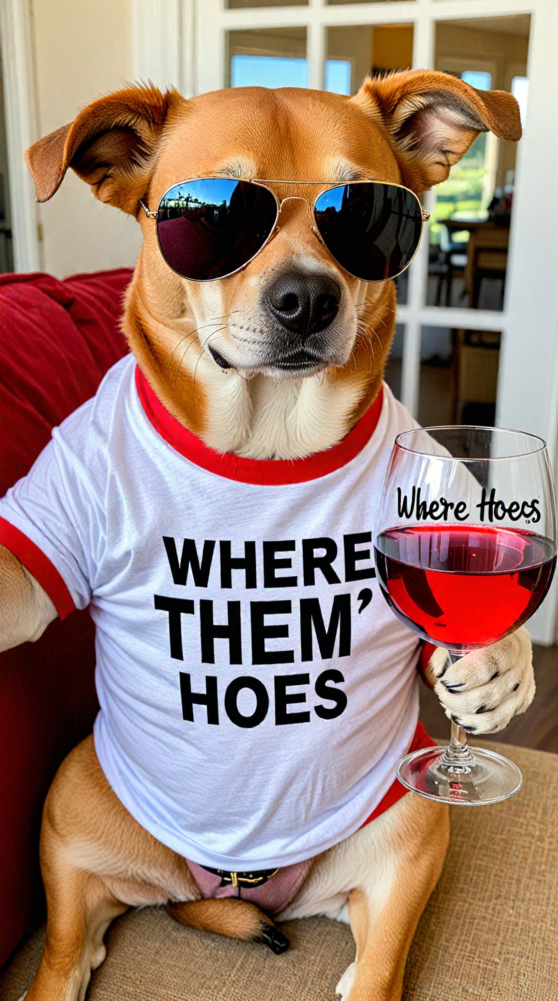 A dog holding a wine glass, wearing sunglasses and and a t-shirt, text on t-shirt says 'where them hoes'.