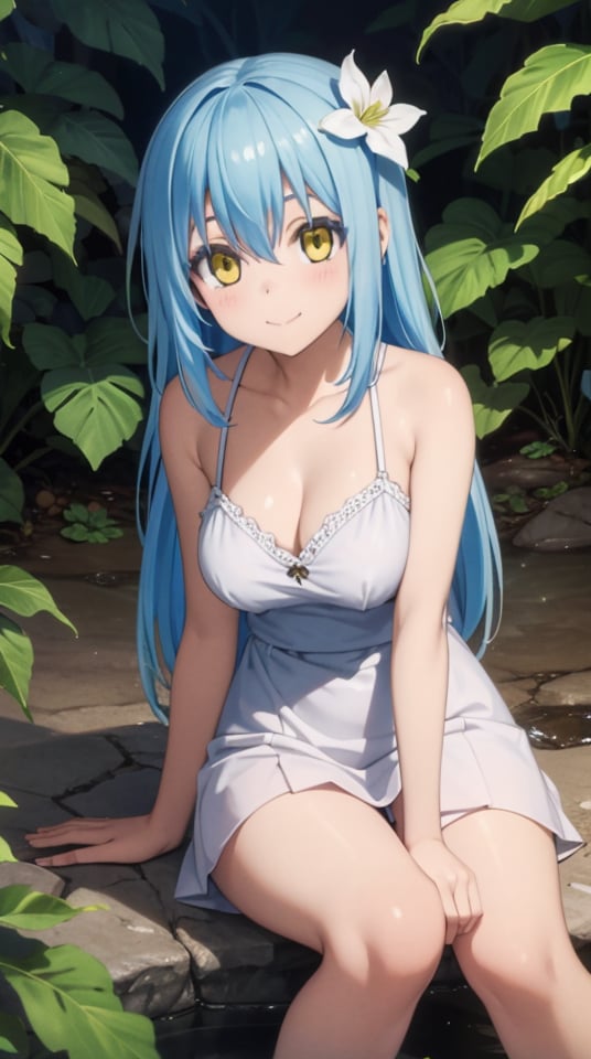 (masterpiece, best quality), ray tracing, absurdres, HDR,rimuru tempest, underground lake goddess, 1girl,large breats,blue hair , yellow eyes,solo, hair between eyes, long hair,  closed mouth, smile, hair ornament, leaf hair ornament, hair flower, , , off shoulder, bare arms, ,blush,looking at viewer,<lora:rimuru_lake_goddess:0.7>