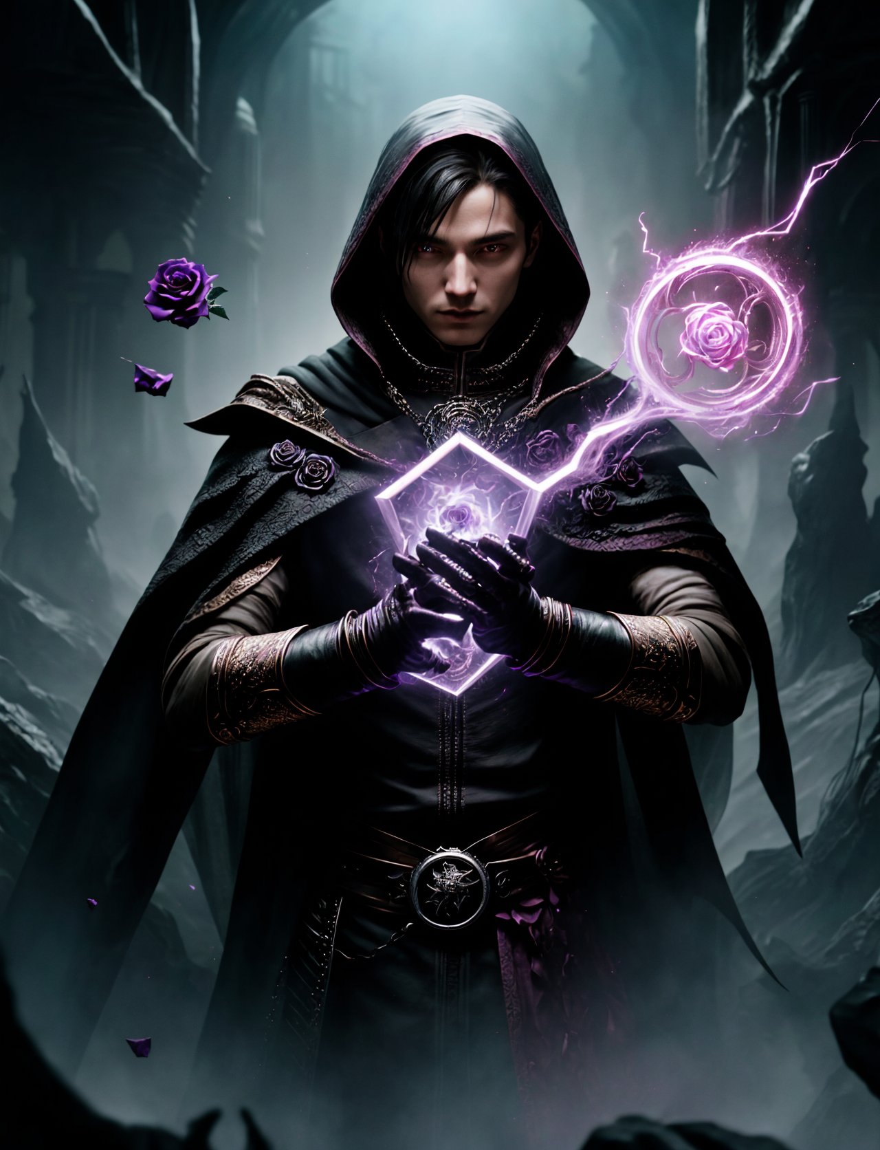 hyper detailed masterpiece, dynamic realistic digital art, awesome quality, person, male rogue  Conjuring hex shaped like Amorphous of rose solid arcane and metal manipulation (controlling metal objects), DonMM4g1c  <lora:DonMM4g1c-v1.2rb2:0.8>