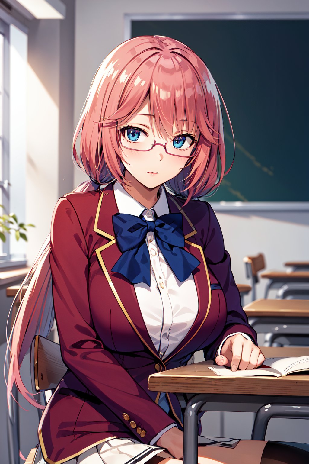 masterpiece, best quality, highres, 1girl, solo, long hair, pink hair, low twintails, blue eyes, glasses, large breasts, school uniform, blue bowtie, blazer, red jacket, long sleeves, white skirt, <lora:sakura_airi_v1:0.7>, sitting, book, classroom, chair, 