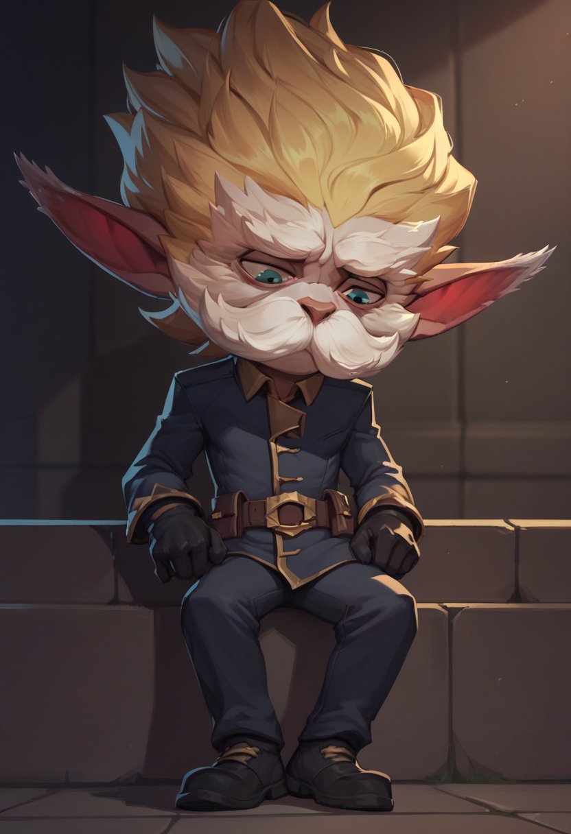 score_9, score_8_up, score_7_up, score_6_up, h3im3rding3r, 1boy, male focus, yordle, blonde hair, pointy ears, mustache, belt, pants, black gloves, gloves, black footwear, <lora:Heimerdinger_Default_v1:0.7>, solo, looking down, head tilt, exhausted, sad