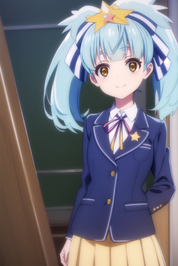 lilyhoshikawa, <lora:lily hoshikawa s2-lora-nochekaiser:1>,lily hoshikawa, hair ornament, ribbon, twintails, (brown eyes:1.5), blue hair, hair ribbon, star \(symbol\), aqua hair, star hair ornament, smile,BREAK skirt, school uniform, blazer, black blazer, shirt, white shirt, collared shirt, long sleeves, white skirt,BREAK outdoors,BREAK looking at viewer, (cowboy shot:1.5),BREAK <lyco:GoodHands-beta2:1>, (masterpiece:1.2), best quality, high resolution, unity 8k wallpaper, (illustration:0.8), (beautiful detailed eyes:1.6), extremely detailed face, perfect lighting, extremely detailed CG, (perfect hands, perfect anatomy),