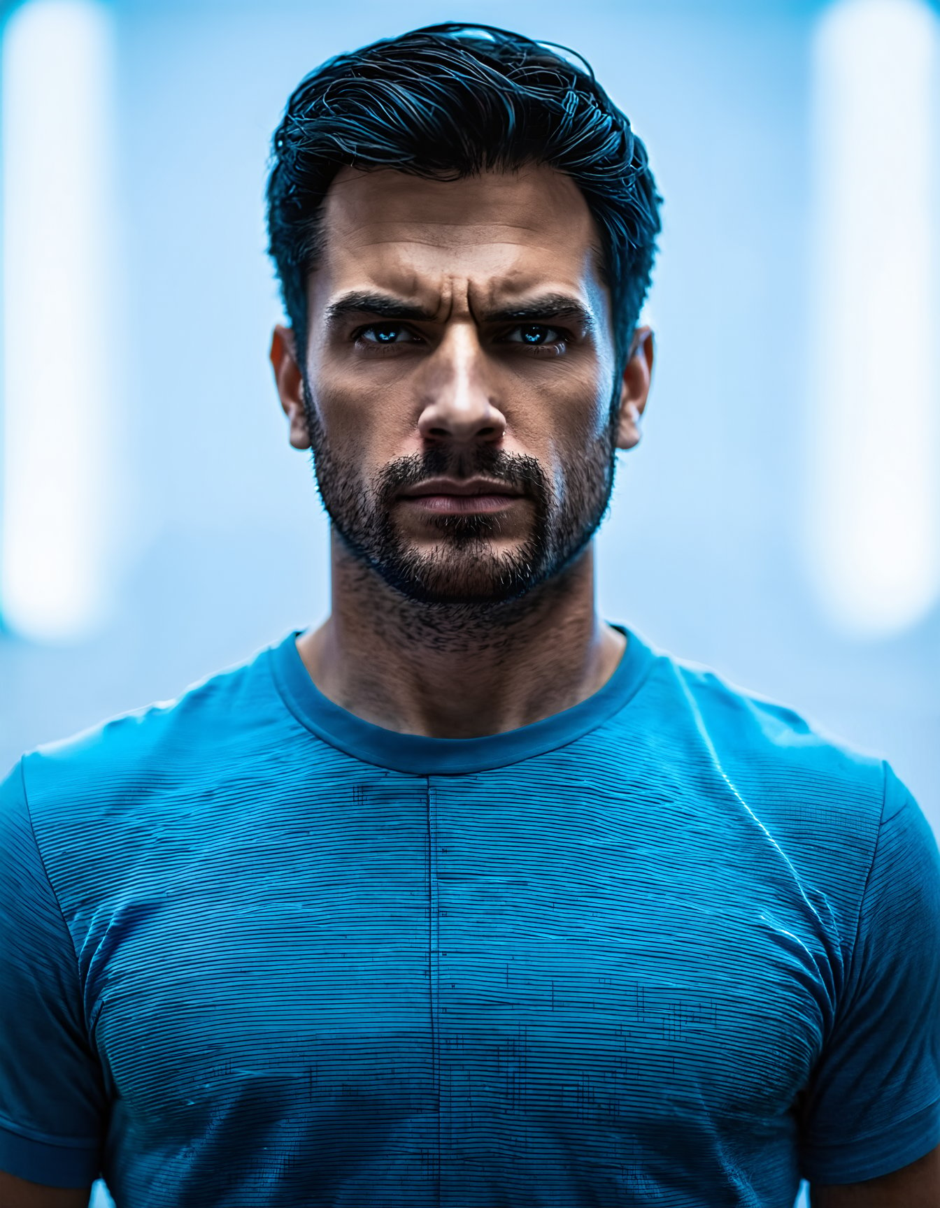 (best quality,8K,highres,masterpiece), ultra-detailed, looking at viewer, shirt, black hair, man, closed mouth, upper body, male focus, short sleeves, facial hair, t-shirt, science fiction, realistic, straight-on, modern_style_boost_v1_slider_sd3m.safetensors