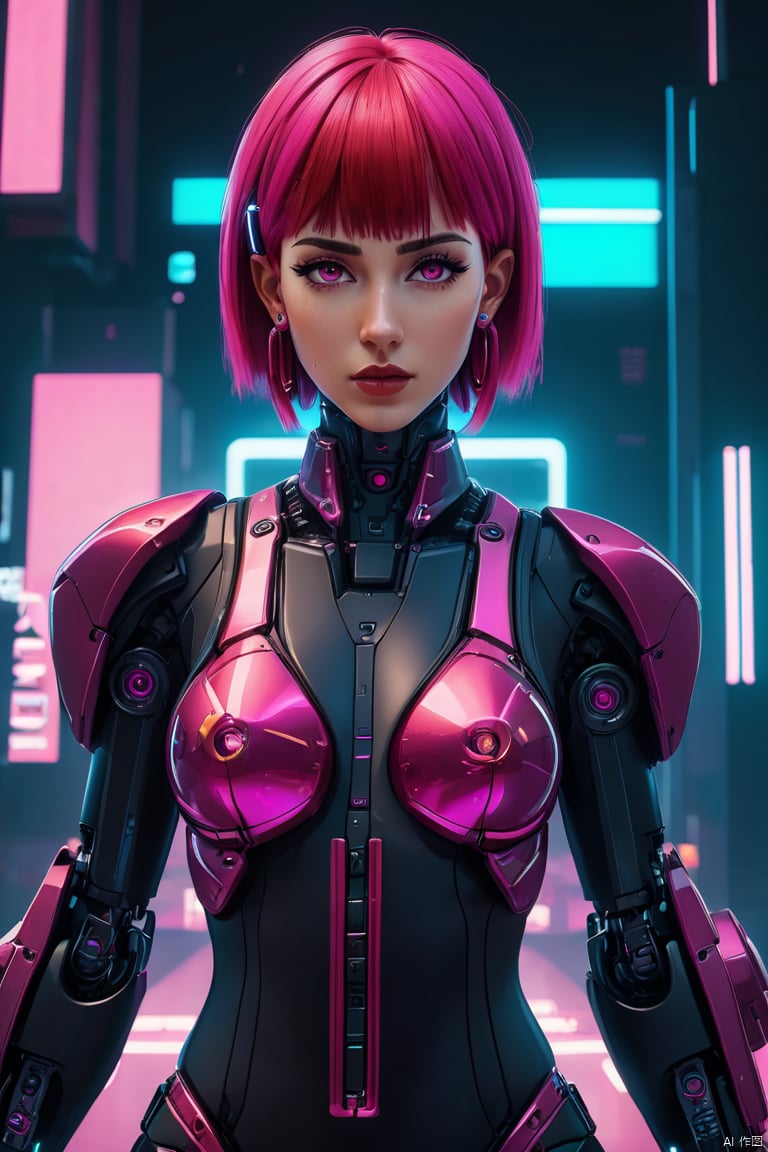 Anime Artwork Lucy (Cyberpunk),  Pink Short Hair,  Pink Eyes,  Red Lips,  (Front),  (Full Body),  Bodysuit,  Punk Stud Earrings,  Bossy,  Brave,  Key Visual,  Vibrant,  High Detail,  Illustration,  Short Straight Hair,  Futurism,  NFT Art,  Solid Color Background,  Robotic Arm,  Cartoon Coloring,  Tendal Effect. Non-Realistic Rendering Transparency,  Color Tilt,  Animation,  Blender Geometry Art,  Intrlligence 4k Image,  Epic,  Cinematic Effects,  Neon Cold Pounding,  Octane Rendering,  OC,  8k