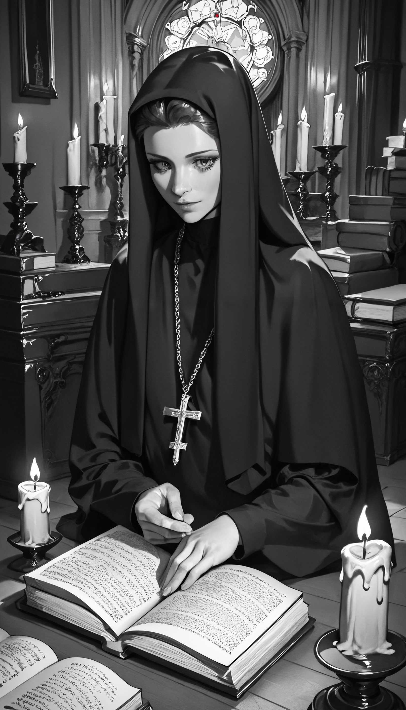 score_9, score_8_up, score_7_up, xenotr1p, monochrome, 1girl, Elsa orthodox_nun, black cassock, orthodox cross, reading the book, book in hand, floor candle holder with candles,  <lora:ZEL\Orthodox_nun.safetensors:0.6:1> <lora:ENCHANCE\XL_lora_offset_02.safetensors:0.3:1> <lora:pony_style\Xenotrip_v.2.safetensors:1:1> <lora:ENCHANCE\add-detail-xl.safetensors:0.6:1>