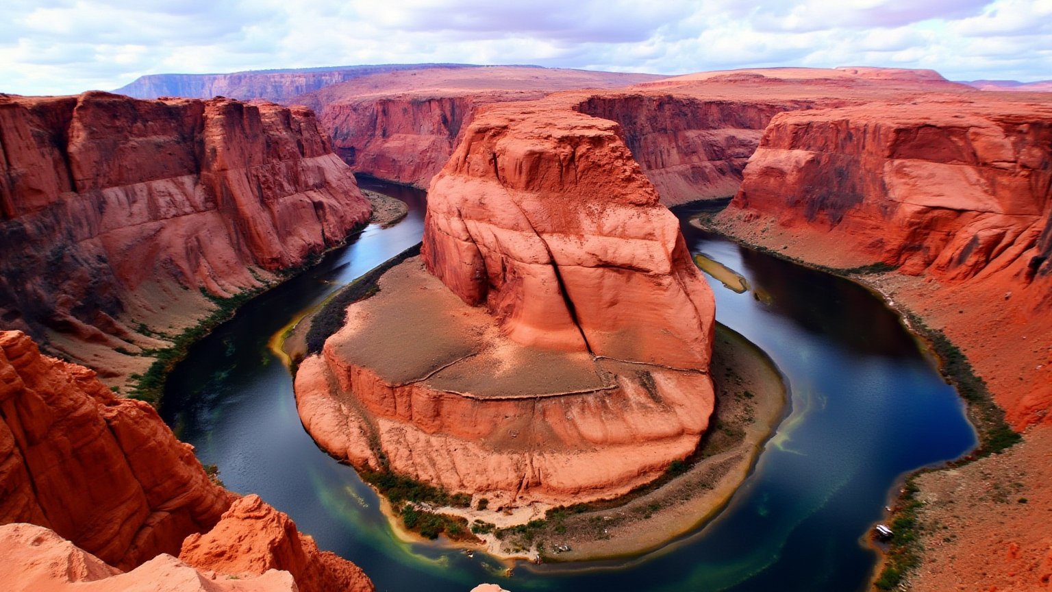 This is a high-resolution photograph of the iconic Horseshoe Bend, a natural rock formation located in the Grand Canyon in Arizona, USA. The image captures the breathtaking curvature of the Colorado River as it flows through the canyon, creating a distinctive horseshoe shape. The river is deep blue, contrasting sharply against the reddish-brown sandstone cliffs that surround it. These cliffs are rugged and steep, with visible layers of sedimentary rock, showcasing the geological history of the area. The sky above is partly cloudy, with patches of blue sky peeking through, casting soft shadows on the canyon walls. The photograph is taken from a high vantage point, likely from a nearby cliff or overlook, providing a panoramic view of the entire bend. The lighting is natural, suggesting the photo was taken during daylight hours. The texture of the rock formations is rough and craggy, while the river water appears smooth and reflective. The overall composition emphasizes the grandeur and scale of the natural wonder, capturing the essence of the American Southwest landscape.<lora:flux_realism_lora:0.8>  <lora:us_national_parks_lora_flux_v1:1>