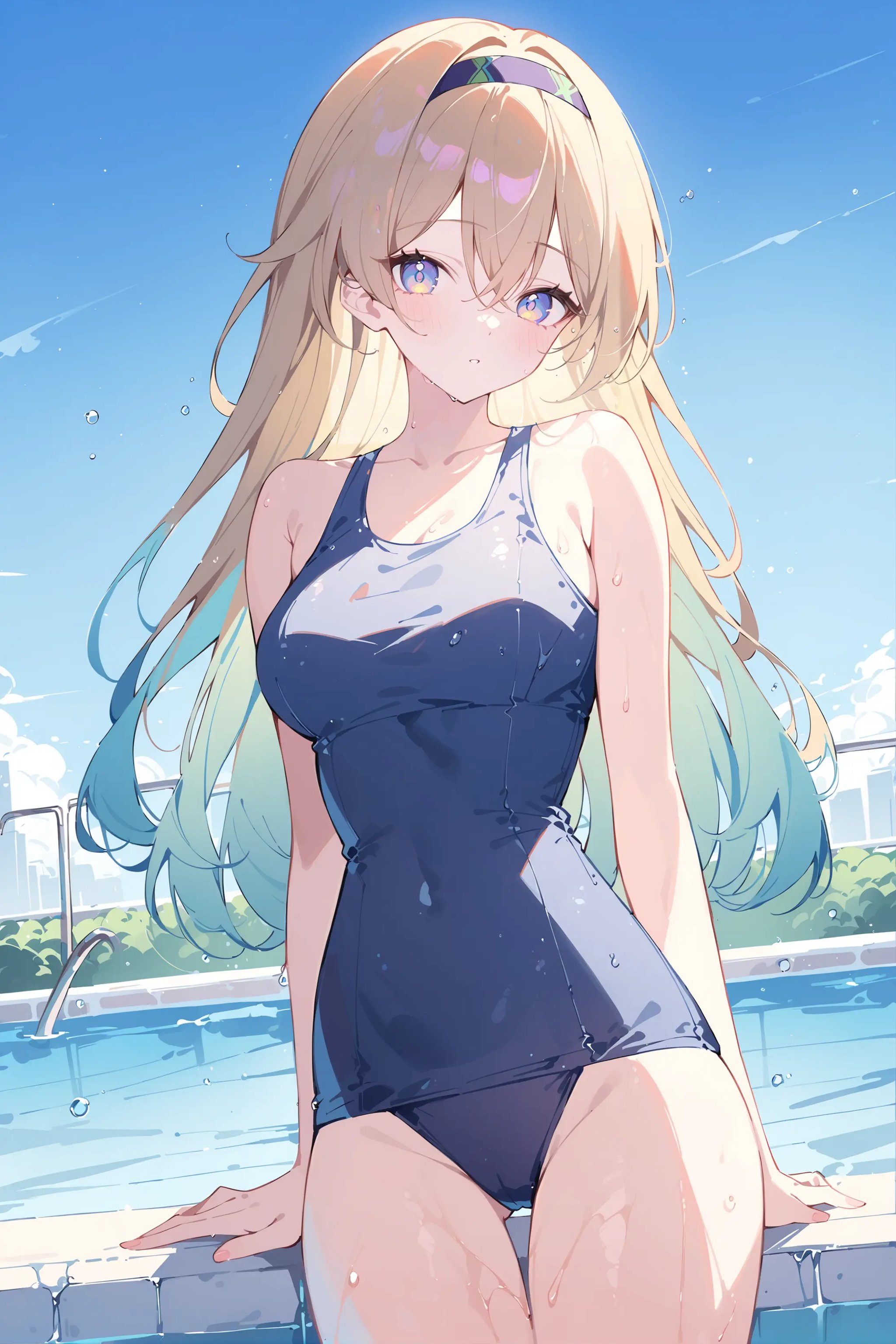 masterpiece, best quality, very aesthetic, ray tracing, newest,(hitenkei, askzy:0.5), 1girl, firefly \(honkai: star rail\), hairband, school swimsuit, bare shoulders, poolside, pool, wet, cowboy shot, outdoors, looking at viewer,  blue sky, sunbeam, depth of field <lora:Char-HonkaiSR-Firefly-XL-V2:0.9>