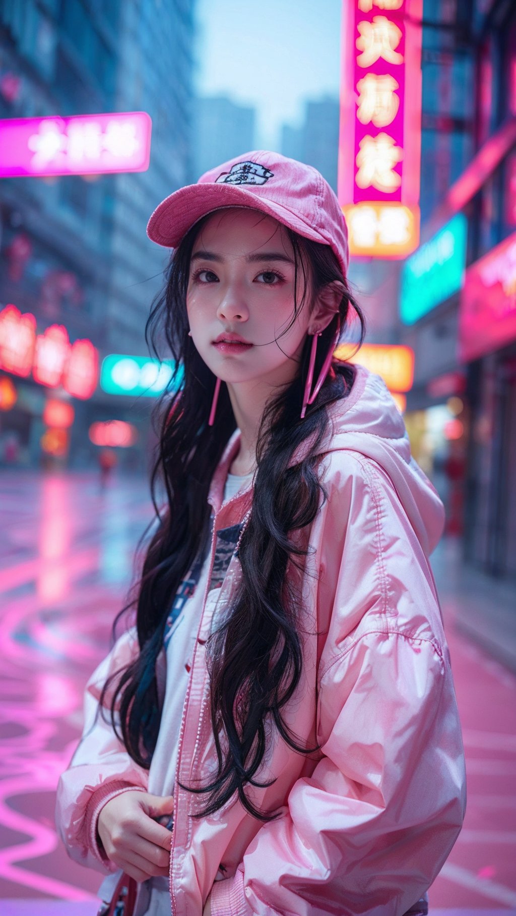 sdmai，fenfen, neon lights, baseball cap, hat, long hair, 1girl, looking at viewer, realistic, outdoors, blurry background, solo focus, blurry, hood, jewelry, parted lips, earrings, stuffed toy, black hair, pink headwear, jacket <lora:SDMAI粉粉fenfen:0.7>