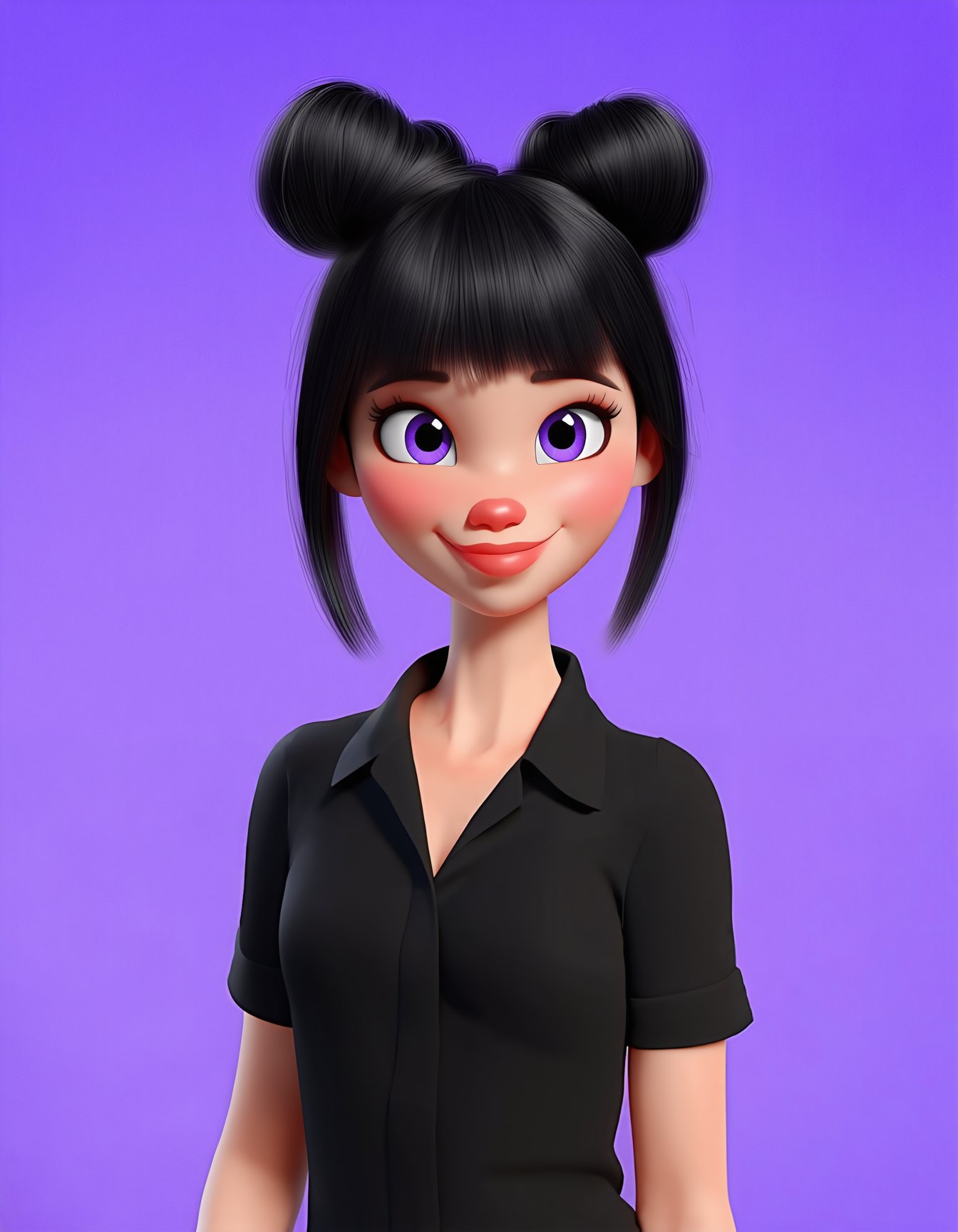 3D cartoon, cartoon style, 3D render, 1girl, looking at viewer, smile, short hair, simple background, shirt, black hair, purple eyes, upper body, short sleeves, blunt bangs, hair bun, black shirt, lips, double bun, purple background, SD3_cartoon_ep10.safetensors