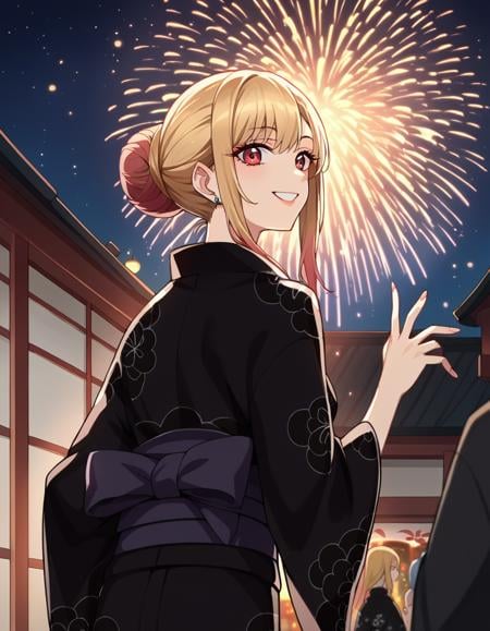 score_9, score_8_up, score_7_up, source_anime, marinkitagawa, <lora:marin-kitagawa-ponyxl-lora-nochekaiser:1>, marin kitagawa, long hair, bangs, blonde hair, red eyes, multicolored hair, smile,japanese clothes, kimono, bag, sash, obi, floral print, yukata, (black kimono:1.5), hair bun, single hair bun,outdoors, shrine, fireworks, festival, night sky, moon, starry sky,looking at viewer, cowboy shot, dutch angle, dynamic pose,