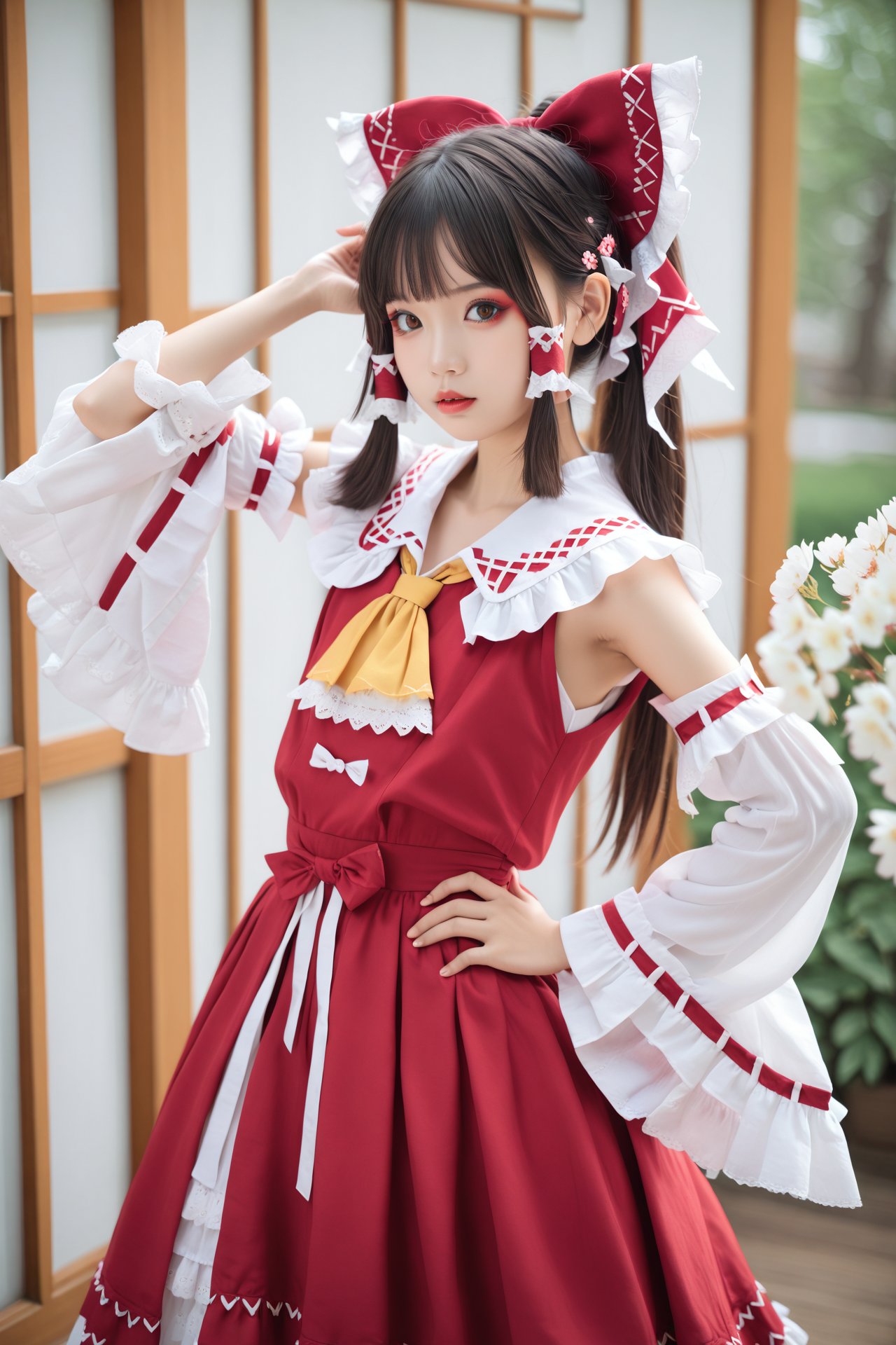 masterpiece,Realism,best quality,loli,1girl,hakurei reimu,bow,solo,hair bow,hair tubes,red bow,ascot,red skirt,detached sleeves,frills,hand on own hip,skirt,long hair,realistic,wide sleeves,brown hair,yellow ascot,blurry,frilled bow,frilled shirt collar,ribbon-trimmed sleeves,red lips,cherry blossoms,ribbon trim,shirt,lips,sidelocks,skirt set,parted lips,looking at viewer,makeup,sliding doors,red shirt,depth of field,hand up,indoors,red vest,brown eyes,sleeveless shirt,lipstick,blurry foreground,arm up,ponytail,flower,black hair,sleeveless,black eyes,dutch angle,long sleeves,ribbon,parody,cowboy shot,vest,