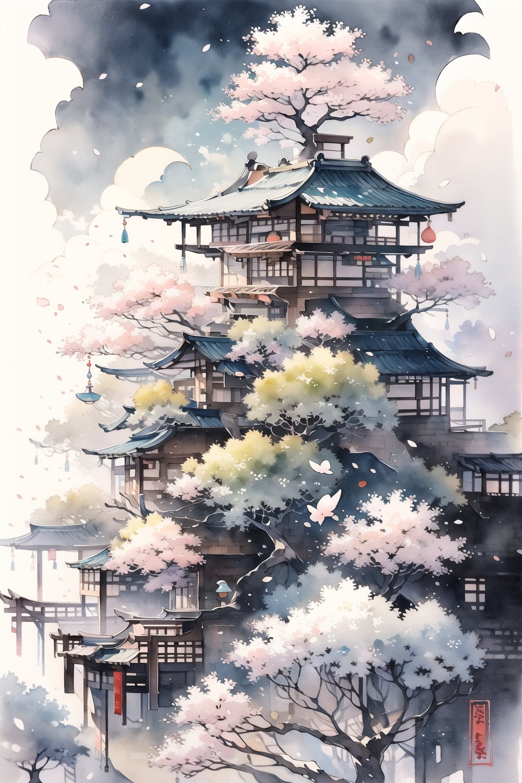 watercolor_(medium),ink and wash,cherry_blossoms,magnificent_architecture,