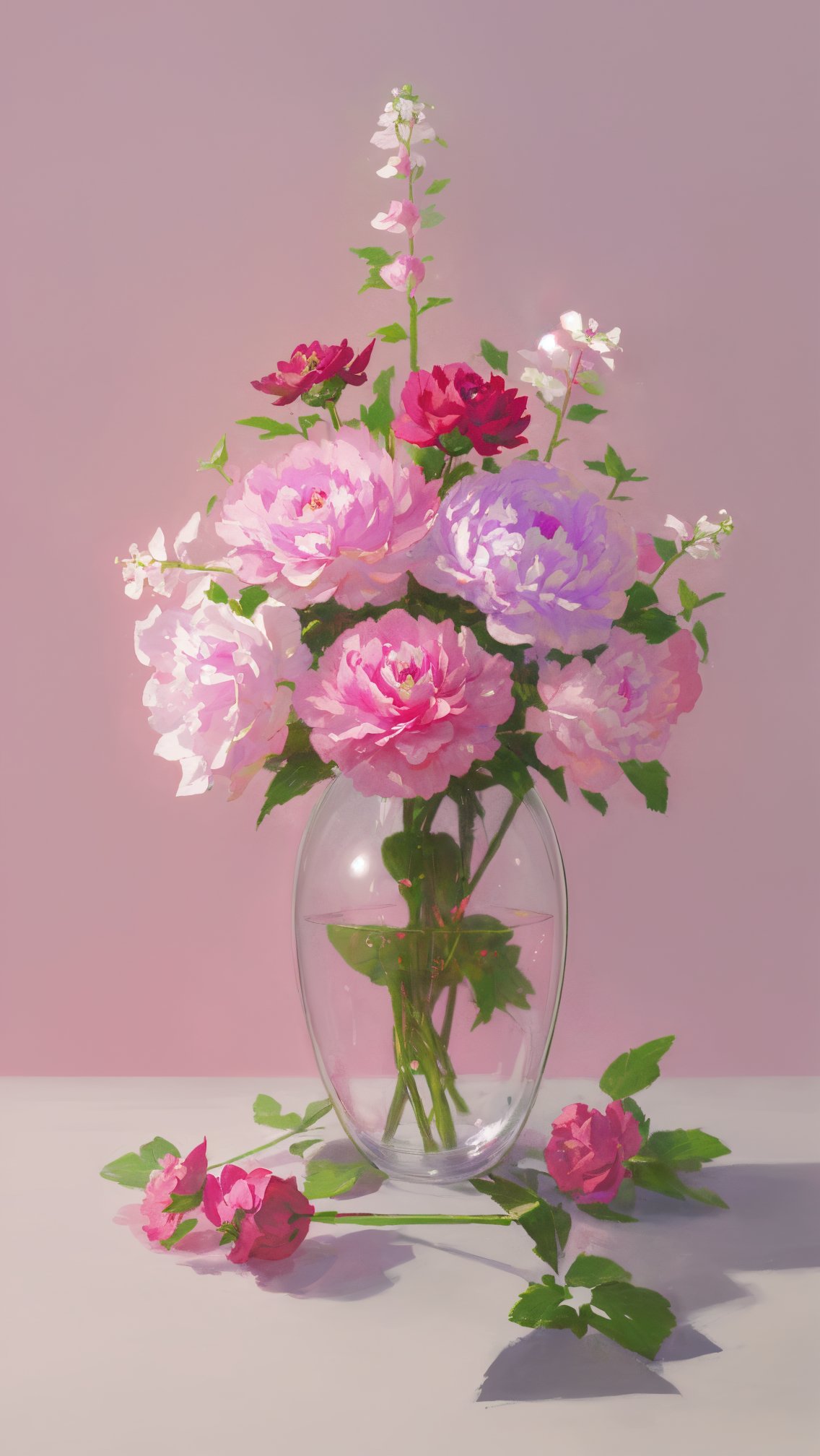 flower,pink rose,pink flower,no humans,white background,rim light,plant,still life,_parameters realistic,<lora:SHUICAI-000004:1>,a bright red peony,purple carnation,babysbreath,