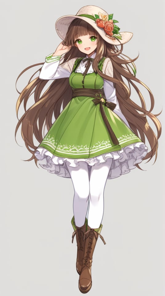 (best quality), ((masterpiece)), (highres), illustration, original, extremely detailed,   <lora:恩佩西斯的闪光:0.7>1girl, solo, long hair, green eyes, dress, green dress, smile, hat, open mouth, boots, brown hair, brown footwear, looking at viewer, full body, very long hair, hat flower, :d, flower, sketch, arms behind back, long sleeves, white pantyhose