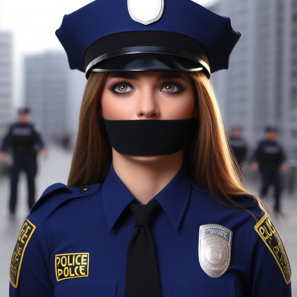 1girl, realistic, uniform, police, long hair, otm gag