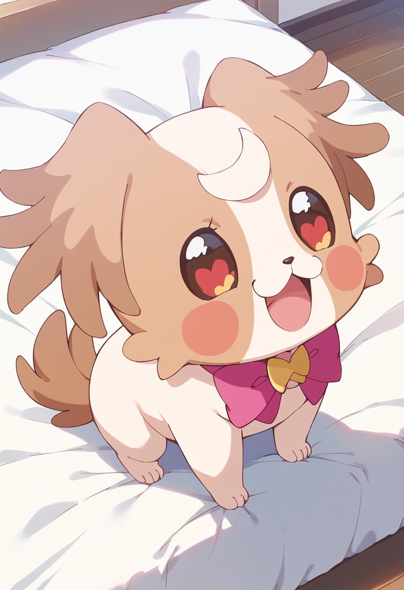 score_9, score_8_up, score_7_up, source_anime, BREAKkmg-dog, no humans, solo, open mouth, :3, smile, looking at viewer, blush stickers, :d, brown eyes, blush, pink neckwear, animal focus, standing, two-tone fur, white fur, brown fur, pink bow, happy, dog, 1other, shadow, dog ears, full body, bed sheet, red eyes, on bed, indoors, sitting, pink bowtie, from above, close-up, anime coloring,m symbol in eye, symbol-shaped pupils, heart-shaped pupils<lora:cure_wonderful_inukai_komugi_sdxl_locon_pony_v1:0.7>