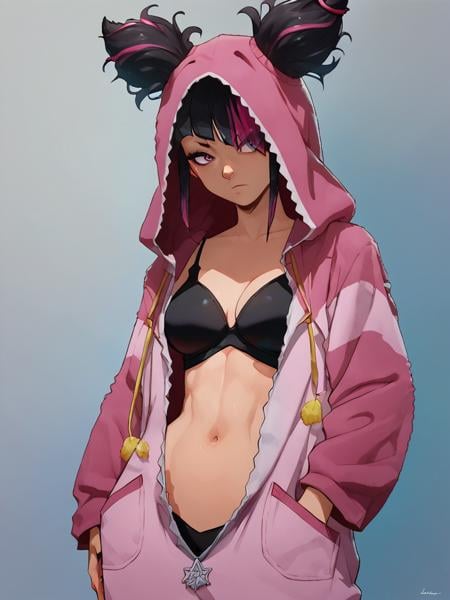 score_9, score_8_up, score_7_up, anime, standing, cowboy shot, jurims, sfvialt, 1girl, solo, multicolored hair, hair horns, hoodie, open hoodie, pajama, navel, black underwear, bangs <lora:Juri_PonyXL:1>, <lora:Smooth Anime Style LoRA XL:1>