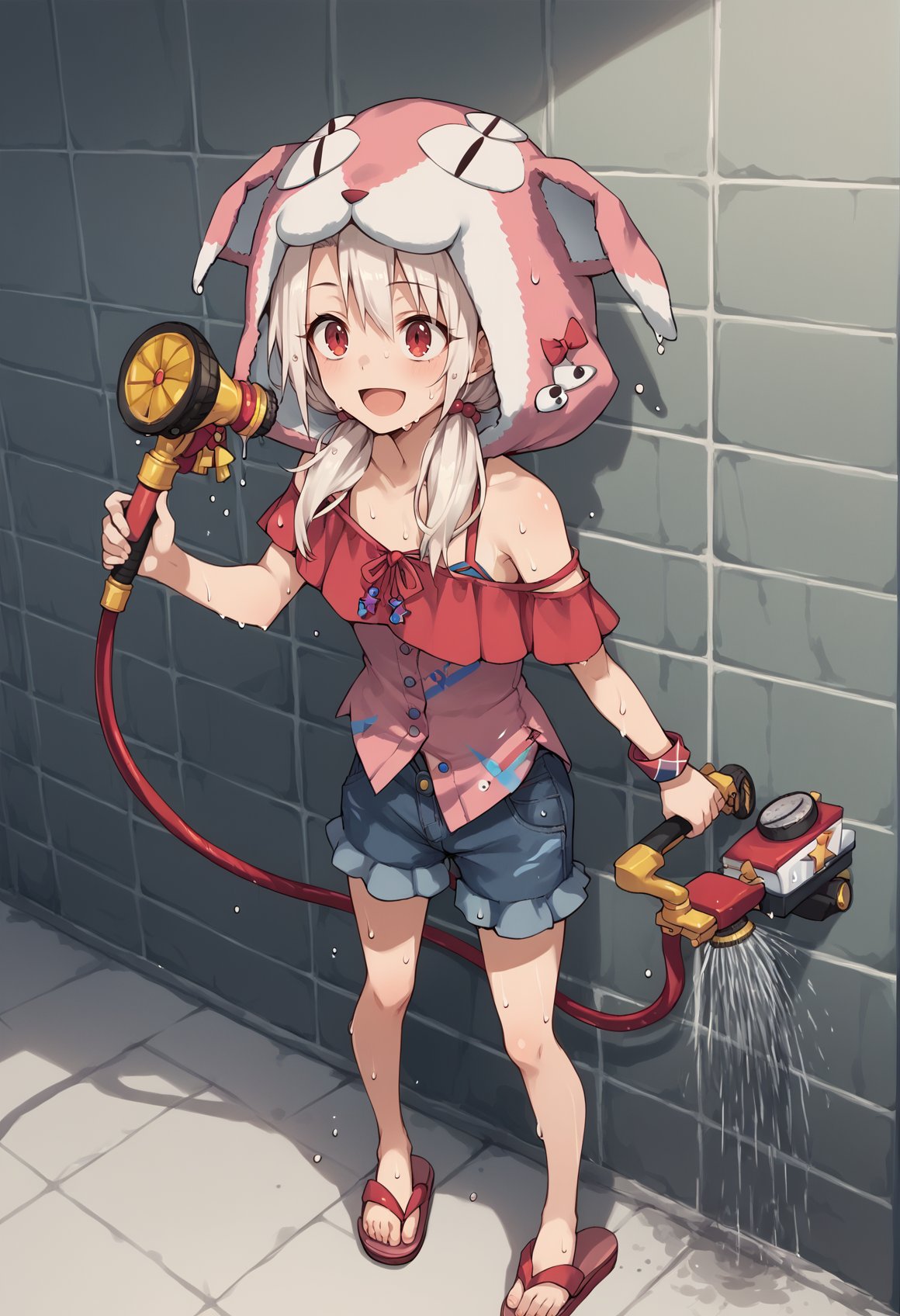 1girl, white hair, red eyes, long hair, low twintails, animal hood, shorts, off-shoulder shirt, wristband, standing, smile, open mouth, sweat, wet, hose, harden, sandals, cowboy shot <lora:Illya_IQ2:1>, score_9, score_8_up, score_7_up, score_6_up, score_5_up, score_4_up, BREAK source_anime, masterpiece