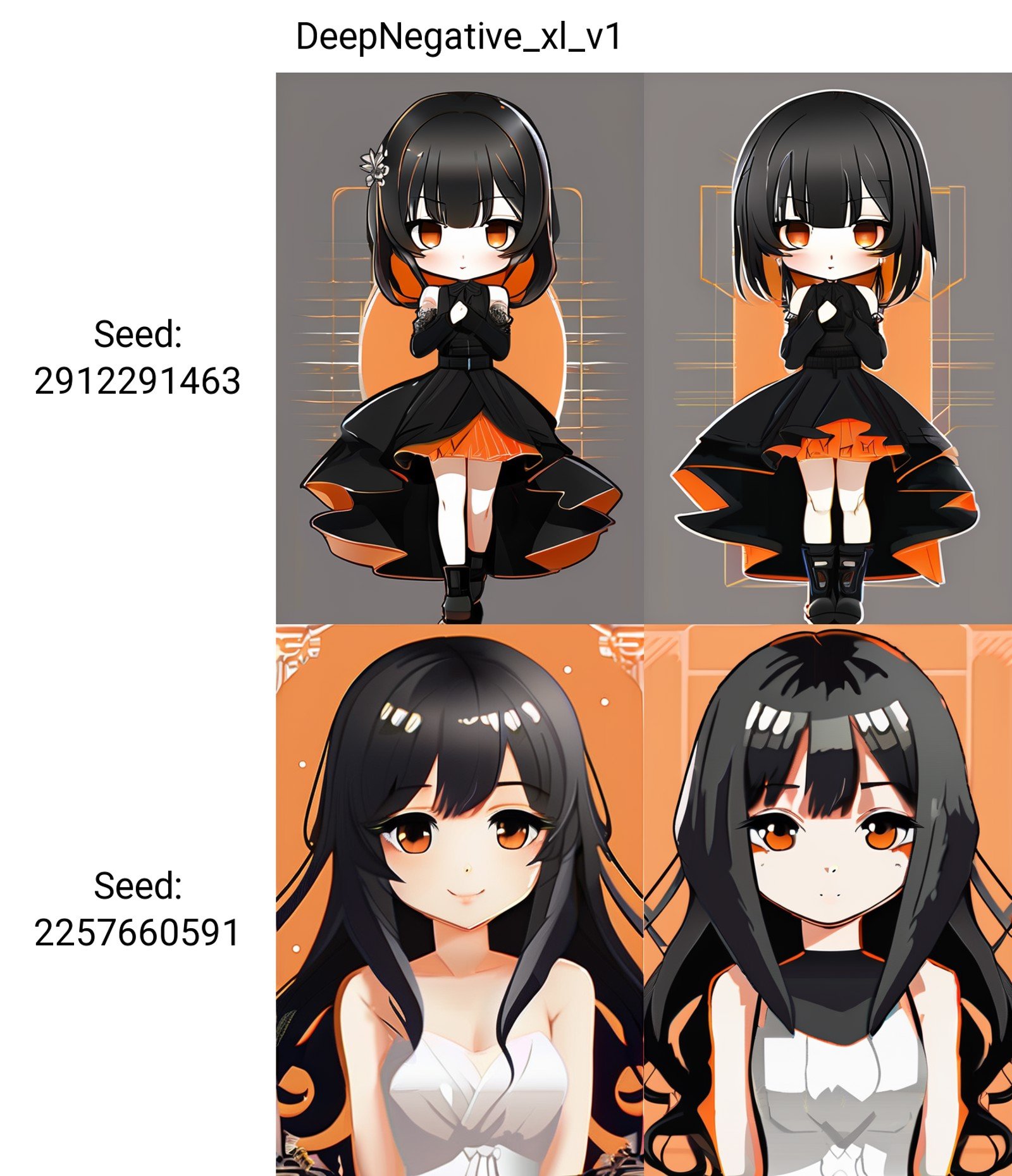 Chibi anime style1girl,hair with bangs,black long dress,orange background,