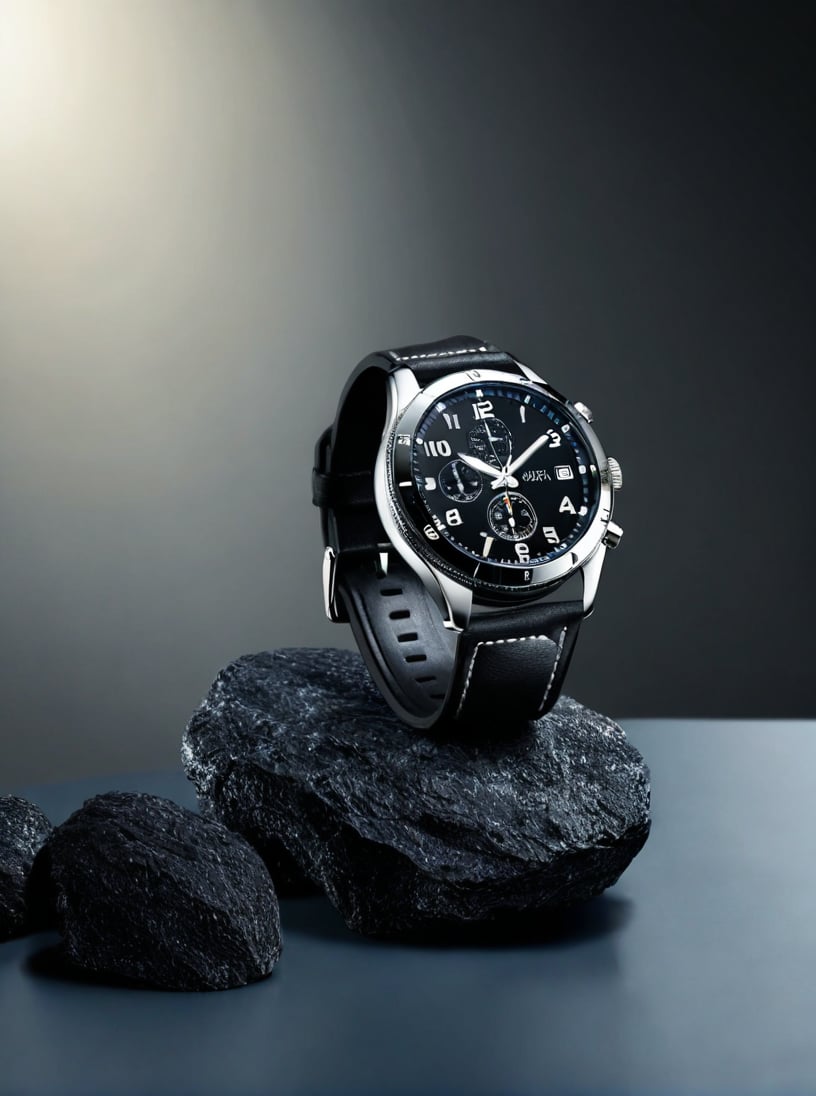 gaoji,Studio shot of the watch,placed on an elegant black countertop with a background of dark grey and light gradient blue,soft studio lighting,depth of field,<lora:aki-3c数码-000008:0.8>,