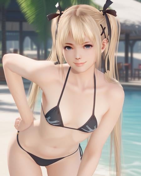 score_9, score_8_up, score_7_up, score_6_up, score_5_up, score_4_up, source_anime, screenshots, <lora:MarieRose_PonyXL-000045:0.8>marie rose, 1girl, small breasts,black bikini, hand on own hip, looking at viewer, smile,cowboy shot,leaning forward, 
