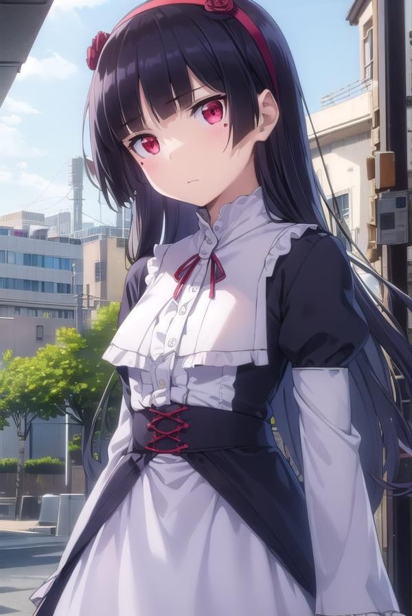 rurigokou, <lora:ruri gokou s2-lora-nochekaiser:1>,ruri gokou, long hair, black hair, (red eyes:1.3), dress, pantyhose, hairband, mole, mole under eye, hime cut, BREAK dress, pantyhose, black dress, frills, puffy sleeves, long sleeves,BREAK outdoors, city,BREAK looking at viewer, (cowboy shot:1.5),BREAK <lyco:GoodHands-beta2:1>, (masterpiece:1.2), best quality, high resolution, unity 8k wallpaper, (illustration:0.8), (beautiful detailed eyes:1.6), extremely detailed face, perfect lighting, extremely detailed CG, (perfect hands, perfect anatomy),