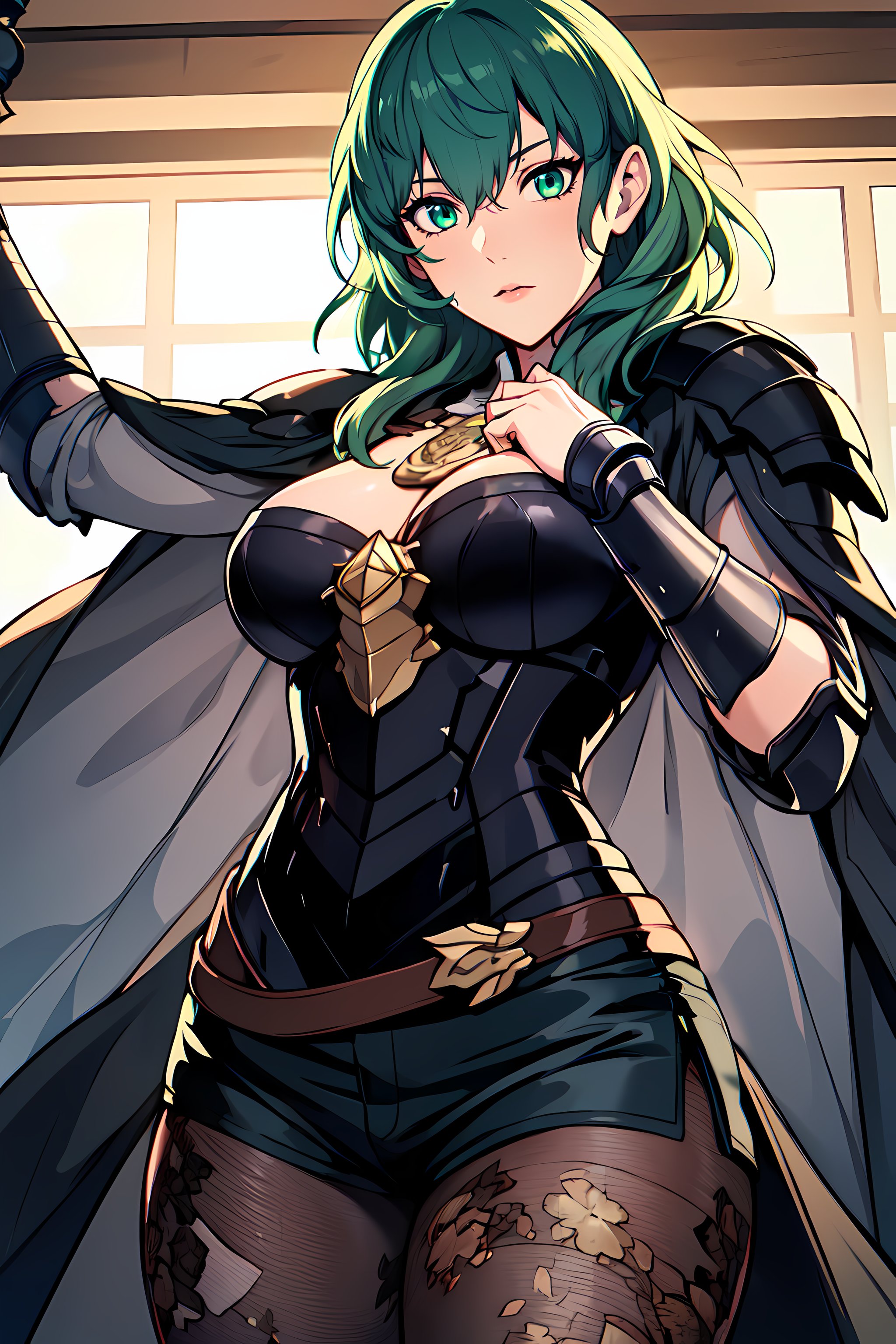 masterpiece,best quality, unreal engine, ultra res, extremely detailed,1girl, large breasts,  waist , (muscular:0.4) ,slender,<lora:Character_ort_byleth_fe3h_v0.8:0.7>byleth,light green hair, green eyesarmor, shorts, gauntlet, cape, pantyhose, floral print,watching at viewer, fighting stance, sword, holding sword,<lora:Style_hews_style:0.4>hews style <lora:Style_cutesexyrobutts_v2:0.>CSR STYLE<lora:Style_puuzaki-puuna-lora-v1:0.><lora:Style_anmnr01AOM3A1:0.2><lora:Concept_Round_Breasts_V7:0.2>ROUND BREASTS, medium  BREASTS