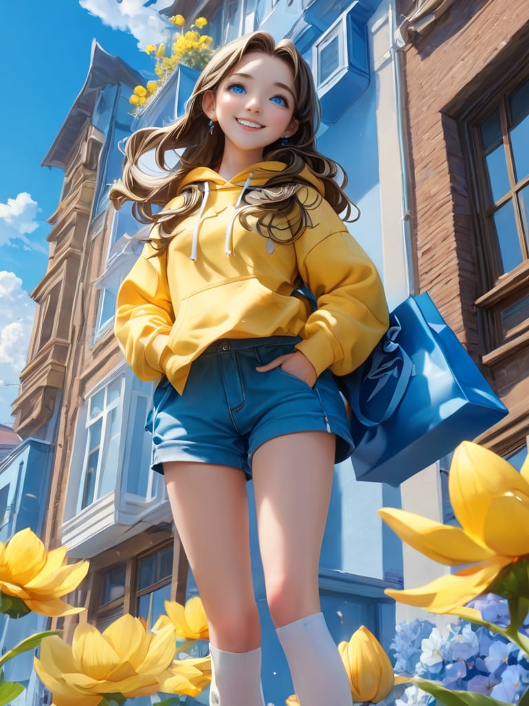 gwnh01, 1girl, flower, solo, shorts, long hair, blue eyes, socks, jewelry, earrings, bag, from below, sky, brown hair, outdoors, shoes, blue shorts, hood, cloud, yellow hoodie, white socks, sneakers, day, smile, full body, holding, long sleeves, building, looking at viewer, blue sky, standing, hoodie, denim, kneehighs, petals, midriff, drawstring, hood down, yellow flower, hand on hip, hand in pocket, holding bag, closed mouth, sleeves past wrists,,<lora:gwnh-XL:0.8>,, best quality, ultra-detailed, masterpiece, finely detail, highres, 8k wallpaper