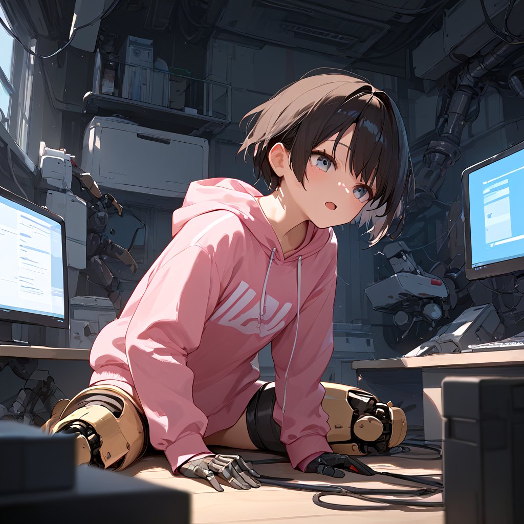 score_9, score_8_up, score_7_up,source_anime,BREAK,android, mechanical arms, short hair, pink hoodie, hood down, camouflage, drawstring, long sleeves, gloves, no pants, mechanical legs, indoors, computer,