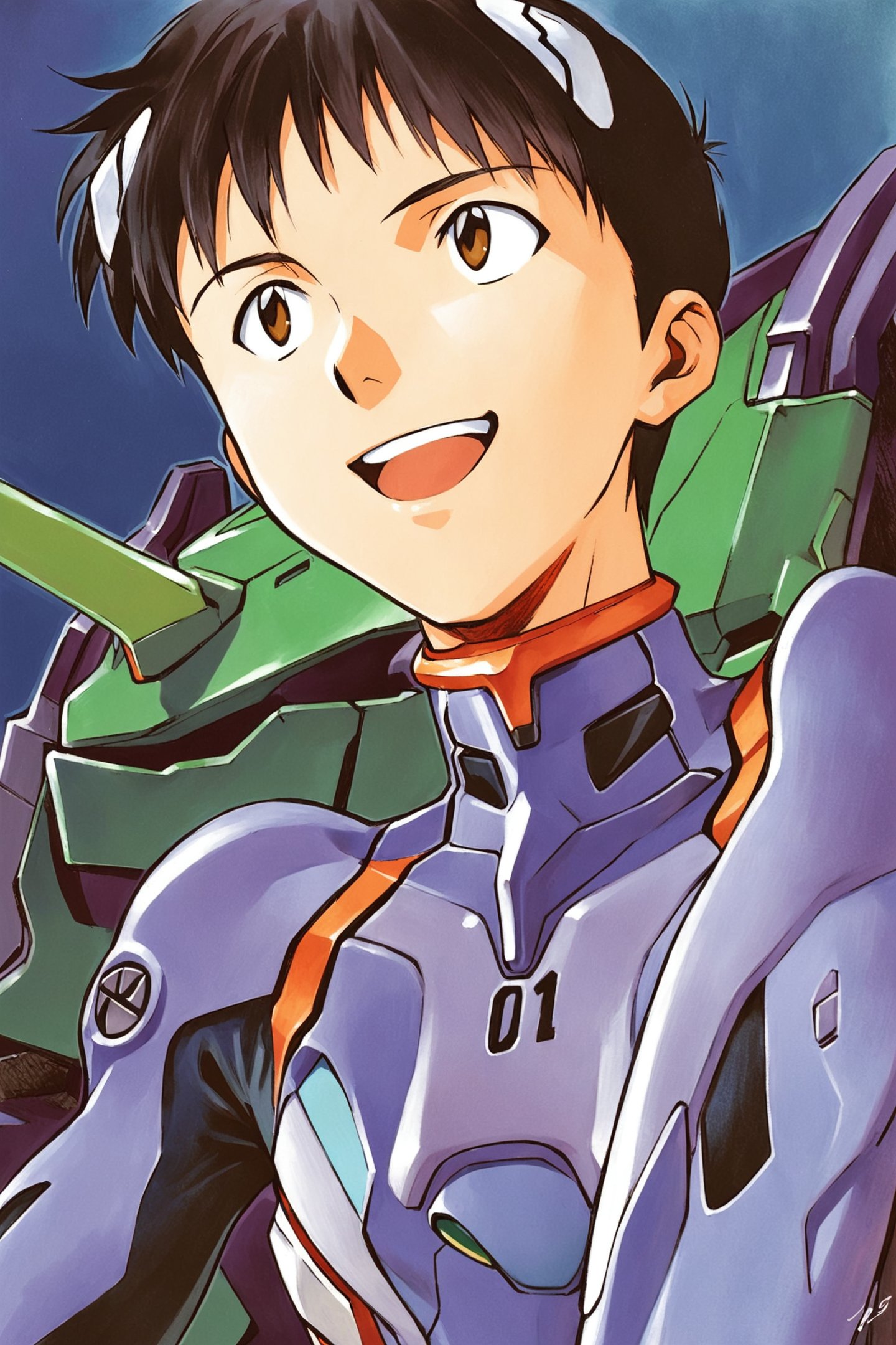 1boy,plugsuit,male focus,ikari shinji,pilot suit,interface headset,bodysuit,eva 01,mecha,smile,robot,open mouth,upper body,brown eyes,gloves,evangelion (mecha),headgear,science fiction,turtleneck,:d,teeth,bracer,bangs,brown hair,white background,solo,signature,short hair,looking to the side,upper teeth only,traditional media,black hair,blue bodysuit,simple background,<lora:Sadamoto Yoshiyuki_XL_kohaku:0.8>,