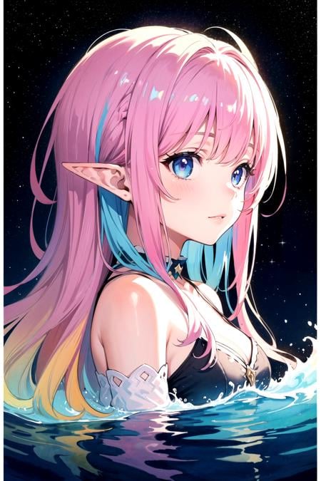 (masterpiece, top quality, best quality,watercolor (medium),official art, beautiful and aesthetic:1.2),(1girl:1.3), (fractal art:1.3),upper body, from side, looking at viewer,patterns,(rainbow color Hair,colorful hair,half blue and half pink hair:1.2),(elf ears:1.2),water,liquid, cloud,colorful, starry,stars,