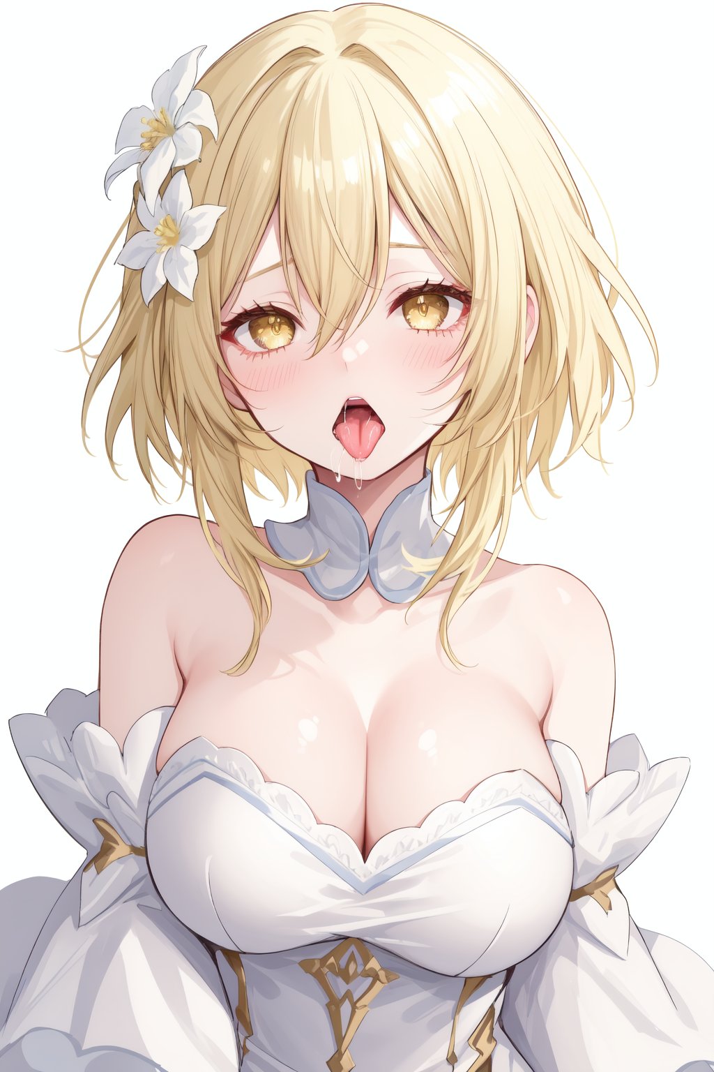 1girl,breasts,blonde hair,hair flower,hair ornament,flower,blush,tongue,cleavage,open mouth,yellow eyes,saliva,finger in another's mouth,dress,white dress,bangs,bare shoulders,hair between eyes,tongue out,solo focus,upper body,simple background,large breasts,detached sleeves,white background,white flower,