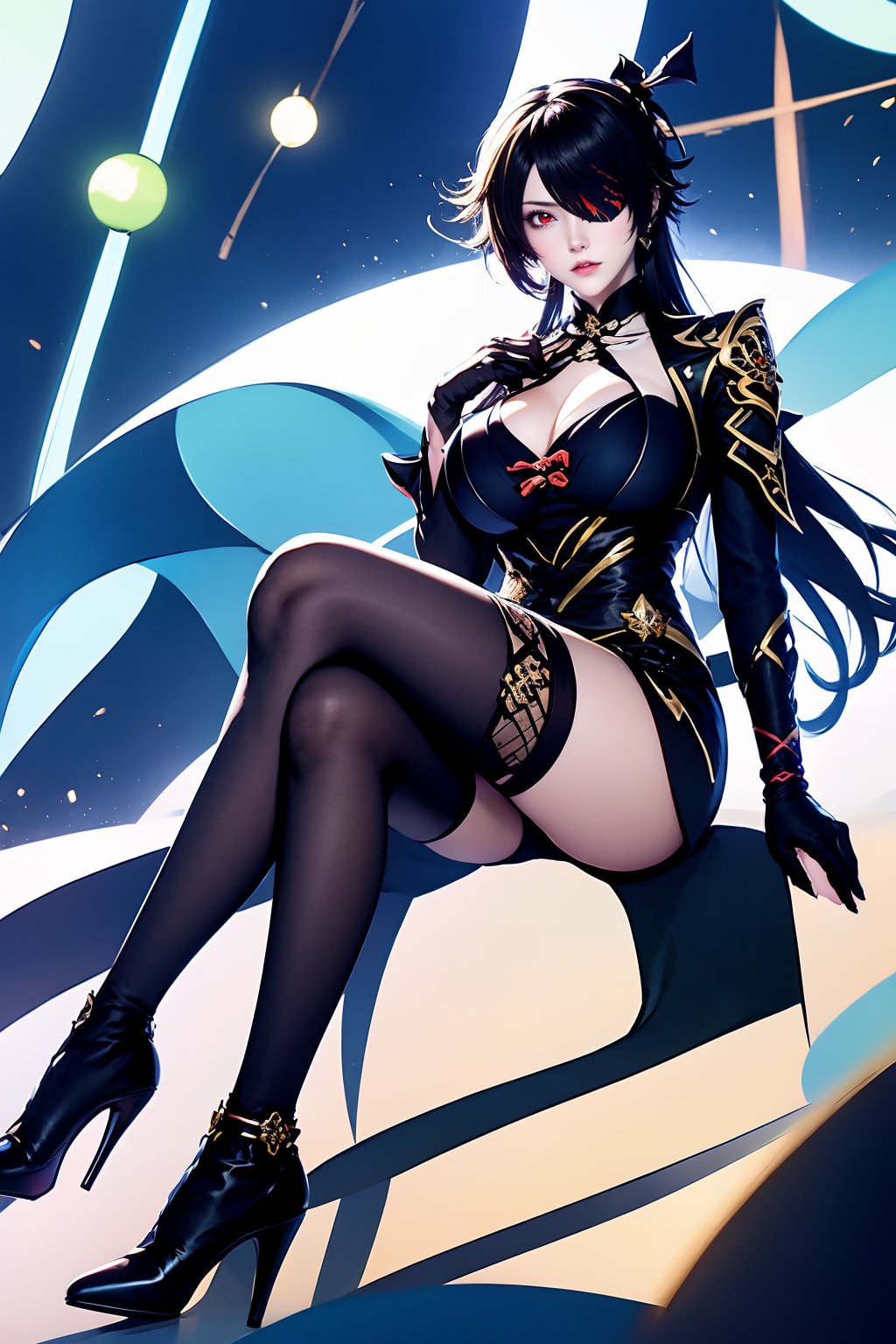 1girl, beidou \(genshin impact\), eyepatch, solo, breasts, high heels, boots, gloves, long hair, sitting, cleavage, fingerless gloves, hairpin, hair ornament, hair stick, high heel boots, red eyes, thighhighs, looking at viewer, black hair, black gloves, jewelry, one eye covered, large breasts, brown hair, earrings,