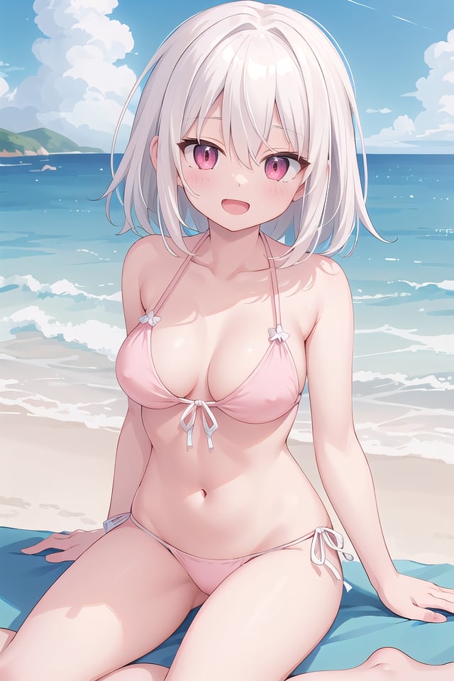 insanely detailed, absurdres, ultra-highres, ultra-detailed, best quality,(wearing pastel pink bikini:1.2),1 girl, solo, happy smile, laugh, open mouth,BREAKsitting on beach, dynamic pose, cowboy shot, looking at viewer,slender, kawaii, perfect symmetrical face, ultra cute girl, ultra cute face, ultra detailed eyes, ultra detailed hair, ultra cute, ultra beautiful,BREAKbeach, coast, ocean, blue sky, cloud, outdoor, ultra detailed background,medium large breastsBREAK(white hair:1.3), medium hair, dark red eyes