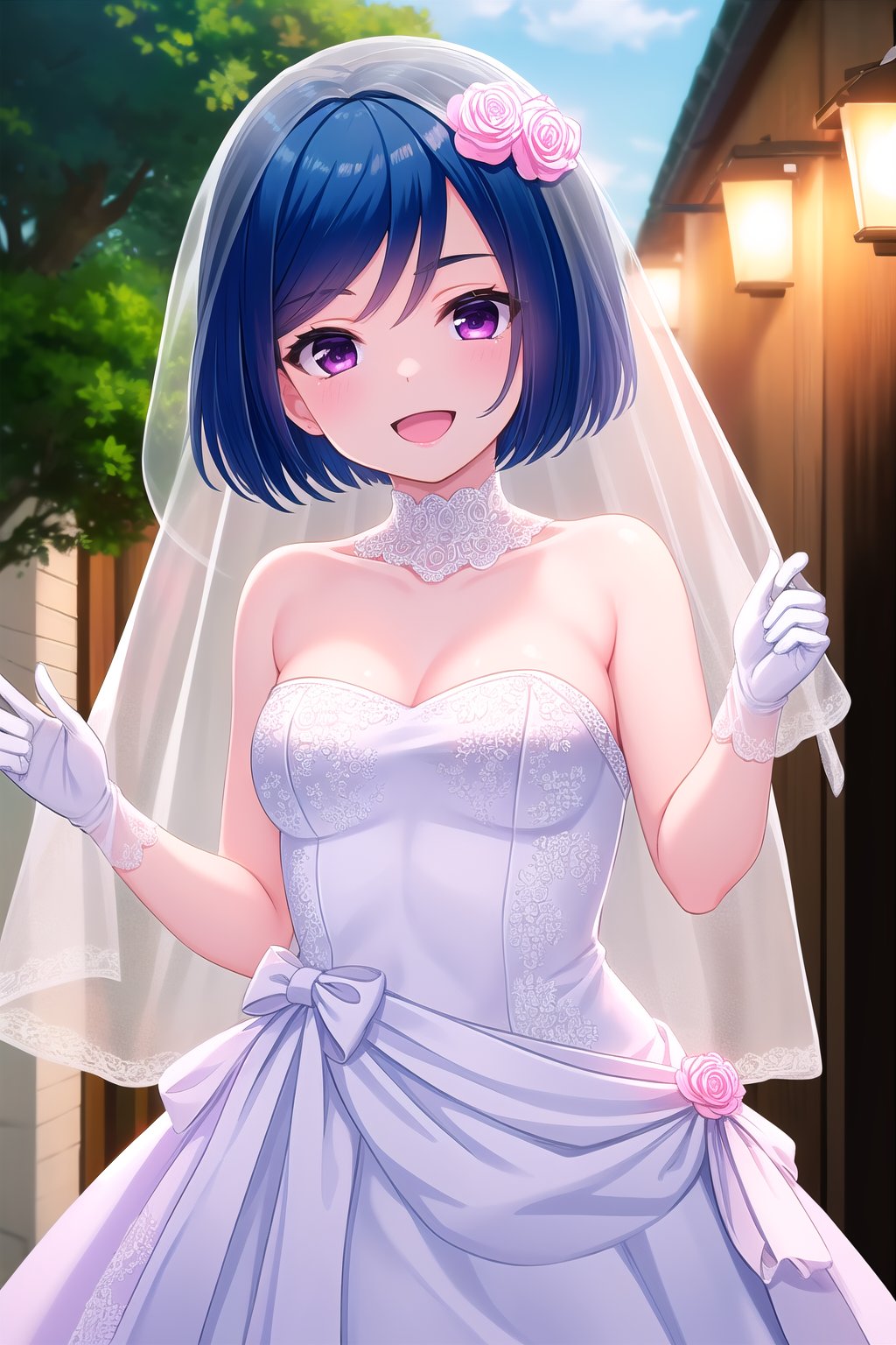 (masterpiece, best quality), highly detailed background, perfect lightingbest quality, akasegawamaki, solo, outdoors, nature, bridal veil, blue hair, swept bangs, bob cut, short hair, purple eyes, medium breasts, wedding dress, white dress, white gloves, frilled skirt, smile, open mouth, :d, pink lips, <lora:Akasegawa-Maki-2-10:0.7>