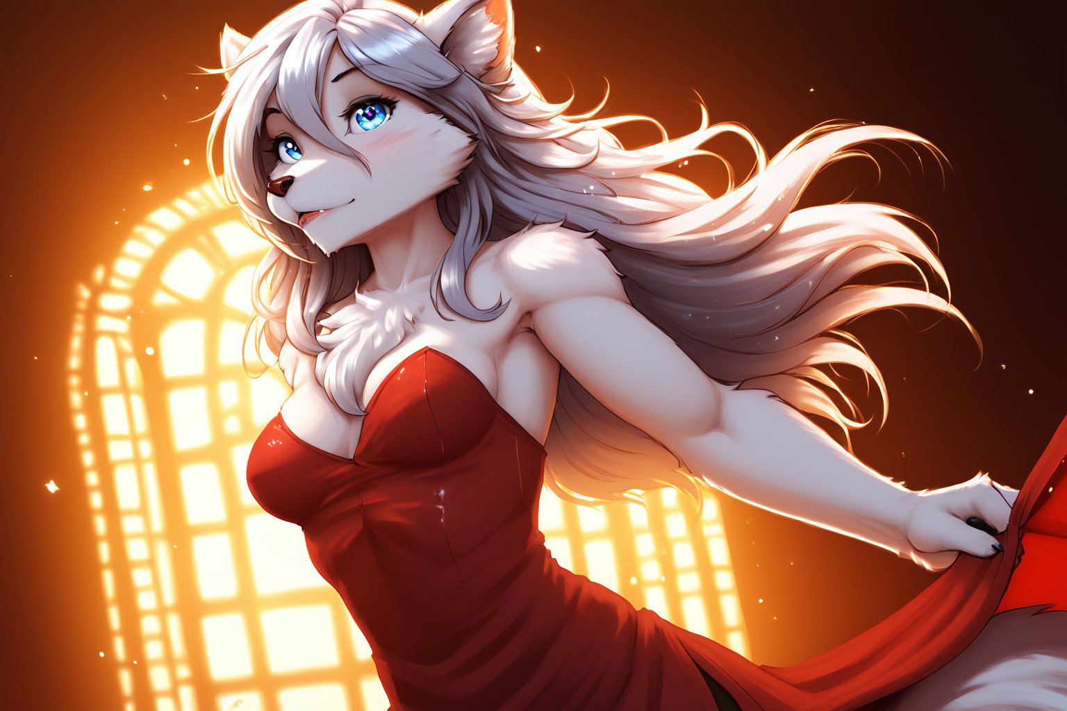 <lora:Furry_Novel_AI_Pony:1>, score_10, score_9, score_8, vibrant, hdr, octane render, clear, good lighting, realistic fur, realistic detail, perfect face, prefect eyes, good anatomy, best quality, very aesthetic, novel ai, furry, anthro, 1girl, slim, medium breasts,  <lora:Raine_TwoKinds_PDXL:1>, tkraine, wolf, white fur, night club, tight red dress,