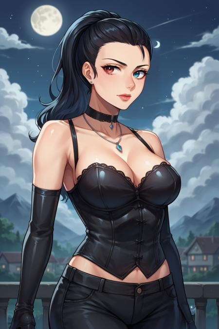 score_9, score_8_up, score_8, <lora:Everlasting_Summer_Viola:0.7>, viola, ponytail hair, heterochromia eyes, left eye red, blue eye blue, 1girl, solo, blue eyes, heterochromia, ponytail, red eyes, black hair, lipsmature,choker, corset, midriff, shiny clothes, elbow gloves, pendant, black gloves, black pants,, look at the camera,amazing background, night, outside, moon, clouds, sky