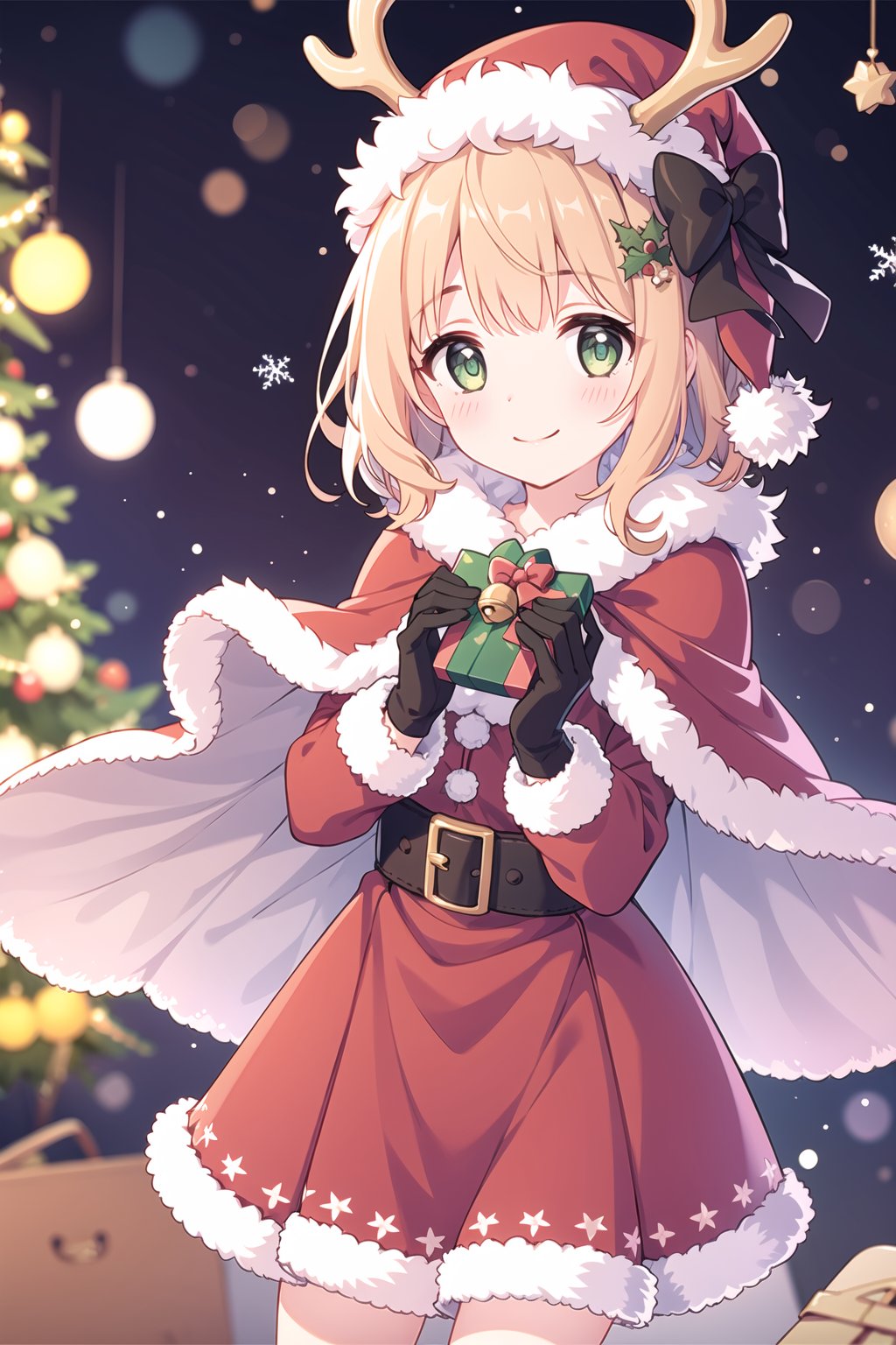 1girl, antlers, bangs, bell, black_bow, blurry, blurry_background, blush, bokeh, bow, bowtie, box, capelet, christmas, christmas_lights, christmas_ornaments, christmas_tree, closed_mouth, depth_of_field, eyebrows_visible_through_hair, flower, fur-trimmed_capelet, fur-trimmed_dress, fur-trimmed_gloves, fur-trimmed_headwear, fur-trimmed_hood, fur-trimmed_sleeves, fur_collar, fur_trim, gift, gift_box, green_eyes, hair_bow, hair_ornament, hat, holly, lens_flare, looking_at_viewer, merry_christmas, red_capelet, red_dress, reindeer_antlers, sack, santa_costume, santa_hat, smile, solo, sunset <lora:pcr-000012:0.7>