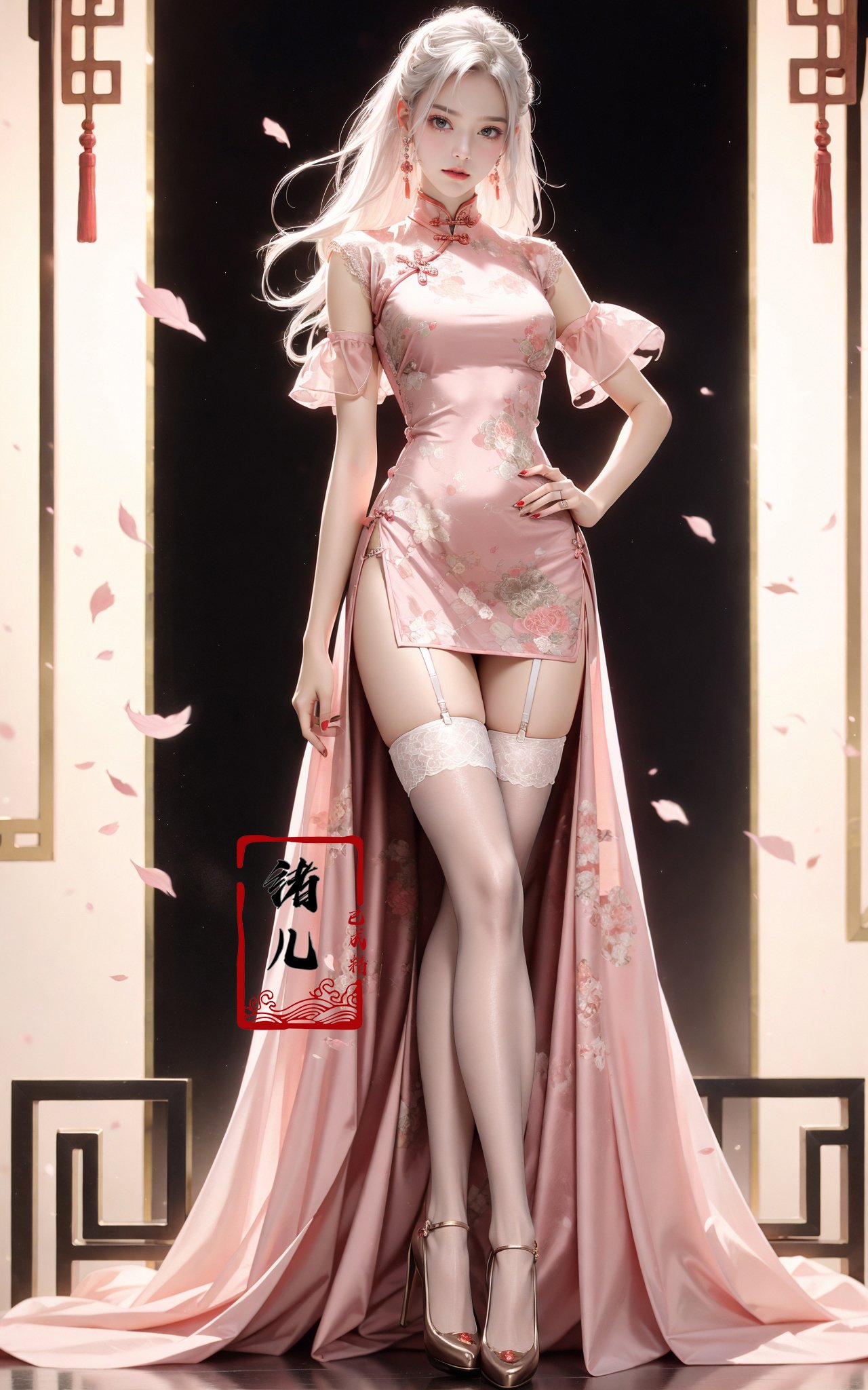 Black background,Fashion cheongsam，nail polish，lace trim，gradient，contrapposto，pink long dress，lace，red lips， (full body:0.8), white thighhighs,white hair，crossed legs，<lora:Fashion cheongsam_20231207093219:0.7>