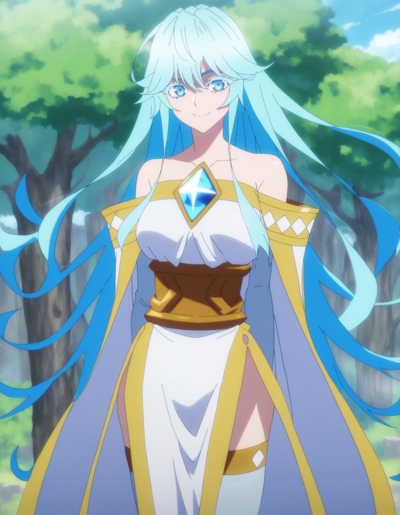 anime screencap, score_9, score_7_upBREAKelfaria_olis, 1girl, solo, light blue hair, long hair, colored eyelashes, blue eyes, chest jewel, off-shoulder dress, yellow sash, side cape, bridal gauntlets, pelvic curtain, white thighhighs, looking at viewer, smile, closed mouth, arms behind backBREAKwind, wind lift<lora:elfaria_Wistoria_ponyxl_v1_char:1> <lora:elfaria_Wistoria_ponyxl_v1_style:1>